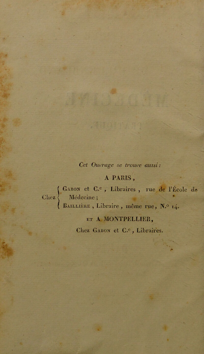 Cet Ouvrage se trouve aussi: A PARIS , i Gabon et C.® , Libraires , rue de l’École de Médecine ; * JjAillière , Llbi'alre , même rue, N.° i4* ET A MONTPELLIER, Chez Gabon et C.®, Libraires.