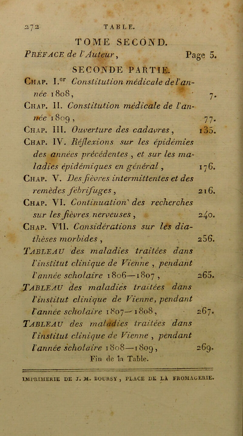 TABLE. TOME SECOND. Préface de VAuteur ^ Page 5. SECONDE PARTIE. Chap. I.®* Constitution médicale deVan- née 1808, ' y, Chap. II. Constitution médicale de l'an- née 1809, 77. Chap. III. Ouverture des cadavres ^ i35. Chap. IV. Réjlexions sur les épidémies des années précédentes , et sur les ma- ladies épidémiques en général, 176. Chap. V. Des fièvres intermittentes et des remèdes fébrifuges, 216. Chap. VI. Continuation'' des recherches sur les fièvreSy nerveuses , 2^0. Chap. VU. Considérations sur les dia- thèses morbides, ,256. Tableau des maladies traitées dans l'institut clinique de Vienne , pendant Vannée scholaire 1806—1807, ’ 266. Tableau des maladies traitées dans l'institut clinique de Vienne, pendant l'année scholaire -' y , 267. Tableau des maladies traitées dans ïinstitut clinique de Vienne , pendant ïannée scholaire 1808—1809, 269. Fin de la Table.