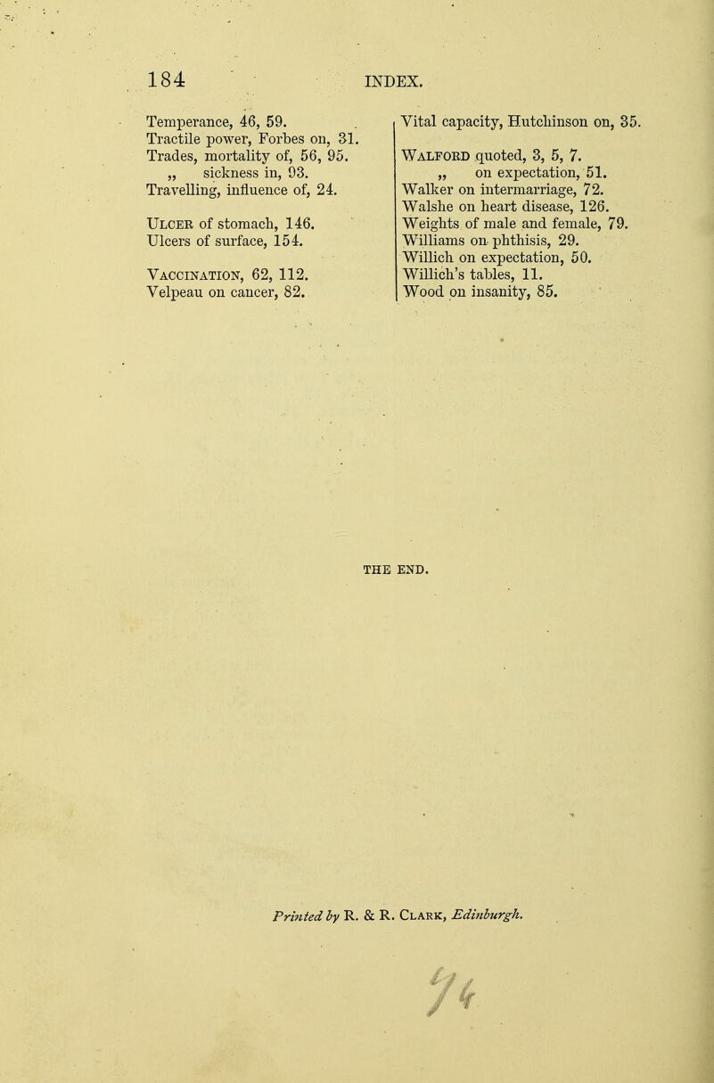 Temperance, 46, 59. Tractile power, Forbes on, 31. Trades, mortality of, 56, 95. „ sickness in, 93. Travelling, influence of, 24. Ulcer of stomach, 146. Ulcers of surface, 154. Vaccination, 62, 112. Velpeau on cancer, 82. Vital capacity, Hutchinson on, 35. Walfoed quoted, 3, 5, 7. „ on expectation, 51. Walker on intermarriage, 72. Walshe on heart disease, 126. Weights of male and female, 79. Williams on phthisis, 29. Willich on expectation, 50. Willich's tables, 11. Wood on insanity, 85. Printed by R. & R. Clark, Edinburgh.