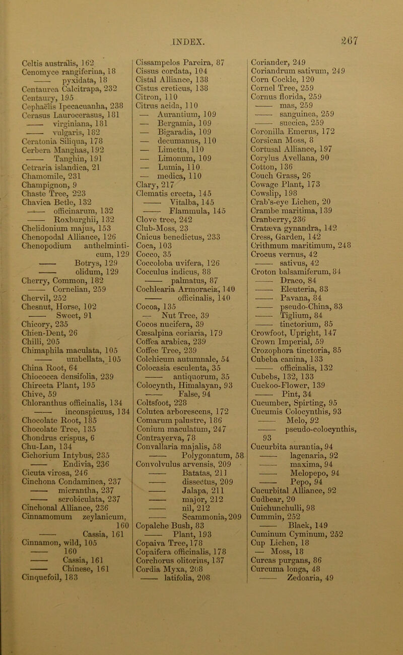 Celtis australis, 162 Cenomyce rangifei*ina, 18 pyxidata, 18 Centaurea Calcitrapa, 232 Centaury, 195 Cephaelis Ipecacuanha, 238 Cerasus Laurocerasus, 181 virginiana, 181 vulgaris, 182 Ceratonia Siliqua, 178 Cerbera Manghas, 192 Tanghin, 191 Cetraria islandica, 21 Chamomile, 231 Champignon, 9 Chaste Tree, 223 Cliavica Betle, 132 officinarum, 132 Roxburghii, 132 Chelidonium majus, 153 Chenopodal Alliance, 126 Chenopodium anthelminti- cum, 129 Botrys, 129 olidum, 129 Cherry, Common, 182 —— Cornelian, 259 Chervil, 252 Chesnut, Horse, 102 Sweet, 91 Chicory, 235 Cliien-Dent, 26 Chilli, 205 Chimaphila maculata, 105 umbellata, 105 China Boot, 64 Chiococca densifolia, 239 Chireeta Plant, 195 Chive, 59 Chloranthus officinalis, 134 inconspicuus, 134 Chocolate Boot, 185 Chocolate Tree, 135 Chondrus crispus, 6 Chu-Lan, 134 Cichorium Intybus, 235 Endivia, 236 Cicuta virosa, 246 Cinchona Condaminea, 237 micrantha, 237 scrobiculata, 237 Cinchonal Alliance, 236 Cinnamomum zeylanicum, 160 Cassia, 161 Cinnamon, wild, 105 160 Cassia, 161 Chinese, 161 Cinquefoil, 183 Cissampelos Pareira, 87 Cissus cordata, 104 Cistal Alliance, 138 Cistus creticus, 138 Citron, 110 Citrus acida, 110 — Aurantium, 109 — Bergamia, 109 — Bigaradia, 109 — decumanus, 110 — Lime tta, 110 — Limonum, 109 — Lumia, 110 — medica, 110 Clary, 217 Clematis erecta, 145 Vitalba, 145 Flammula, 145 Clove tree, 242 Club-Moss, 23 Cnicus benedictus, 233 Coca, 103 Cocco, 35 Coccoloba uvifera, 126 Cocculus indicus, 88 palmatus, 87 Cochlearia Armoracia, 140 officinalis, 140 Cocoa, 135 — Nut Ti’ee, 39 Cocos nucifera, 39 Csesalpina coriaria, 179 CofFea arabica, 239 Coffee Tree, 239 Colchicum autumnale, 54 Colocasia esculenta, 35 antiquorum, 35 Colocynth, Himalayan, 93 • False, 94 Coltsfoot, 228 Colutea ai'borescens, 172 Comarum palustre, 186 Conium maculatum, 247 Contrayerva, 7 8 Convallaria majalis, 58 Polygonatum, 58 Convolvulus arvensis, 209 Batatas, 211 dissectus, 209 Jalapa, 211 major, 212 nil, 212 Scammonia,209 Copalche Bush, 83 Plant, 193 Copaiva Tree, 178 Copaifera officinalis, 178 Corchorus olitorius, 137 Cordia Myxa, 208 latifolia, 208 Coriander, 249 Coriandrum sativum, 24 9 Corn Cockle, 120 Cornel Tree, 259 Cornus florida, 259 mas, 259 sanguinea, 259 suecica, 259 Coronilla Emerus, 172 Corsican Moss, 8 Cortusal Alliance, 197 Corylus Avellana, 90 Cotton, 136 Couch Grass, 26 Cowage Plant, 173 Cowslip, 198 Crab’s-eye Lichen, 20 Crambe maritima, 139 Cranberry, 236 Cratseva gynandra, 142 Cress, Garden, 142 Crithmum maritimum, 248 Crocus vernus, 42 sativus, 42 Croton balsamiferum, 84 -—- Draco, 84 Eleuteria, 83 Pavana, 84 pseudo-China, 83 Tiglium, 84 tinctorium, 85 Crowfoot, Upright, 147 Crown Imperial, 59 Crozophora tinctoria, 85 Cubeba canina, 133 officinalis, 132 Cubebs, 132, 133 Cuckoo-Flower, 139 • Pint, 34 Cucumber, Spirting, 95 Cucumis Colocynthis, 93 Melo, 92 pseudo-col ocynthis, 93 Cucurbita aurantia, 94 lagenaria, 92 maxima, 94 Melopepo, 94 Pepo, 94 Cucurbital Alliance, 92 Cudbear, 20 Cuichunchulli, 98 Cummin, 252 Black, 149 Cuminum Cyminum, 252 Cup Lichen, 18 — Moss, 18 Curcas purgans, 86 Curcuma longa, 48 Zedoaria, 49