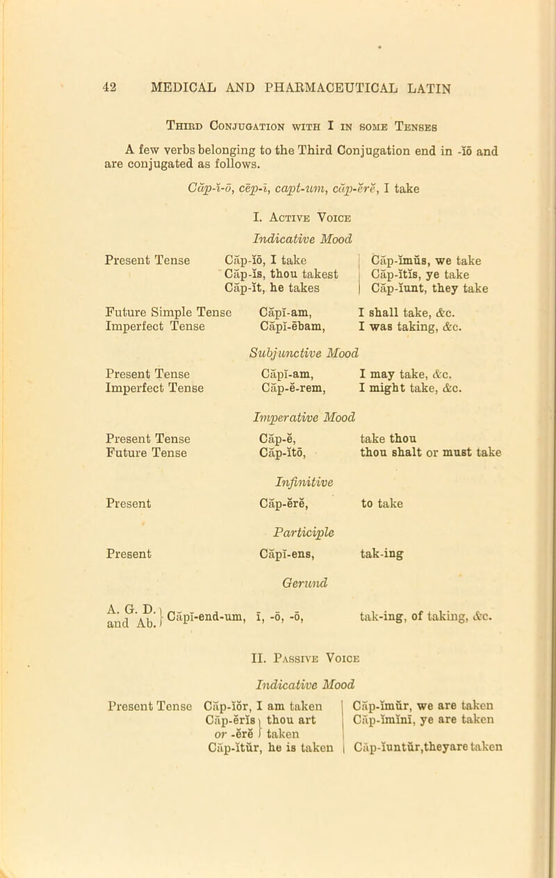 Third Conjugation with I in some Tenses A few verbs belonging to the Third Conjugation end in -i6 and are conjugated as follows. Cup-i-d, cep-l, capt-um, cup-ere, I take I. Active Voice Indicative Mood Present Tense Cap-10, I take Cap-is, thou takest Cap-it,. he takes \ Cap-imus, we take ! Cap-itis, ye take 1 Cap-iunt, they take Future Simple Tense Capl-am, Imperfect Tense Capi-eham, I shall take, &c. I was taking, &c. Subjunctive Mood Present Tense Imperfect Tense Capi-am, Cap-e-rem, I may take, &c. I might take, &c. Imperative Mood Present Tense Future Tense Cap-e, Cap-ito, take thou thou shalt or must take Infinitive Present Cap-ere, to take Participle Present Capi-ens, tak-ing Gerund A. G. D.i . , ... and tak-ing, of taking, Ac. II. Passive Voice Indicative Mood Present Tense Cap-ior, I am taken j Cap-imur, we are taken Cap-erls i thou art i Crip-Tmini, ye are taken or -ere ) taken 1 Cap-itur, he is taken | Ciip-iuntur.theyare taken