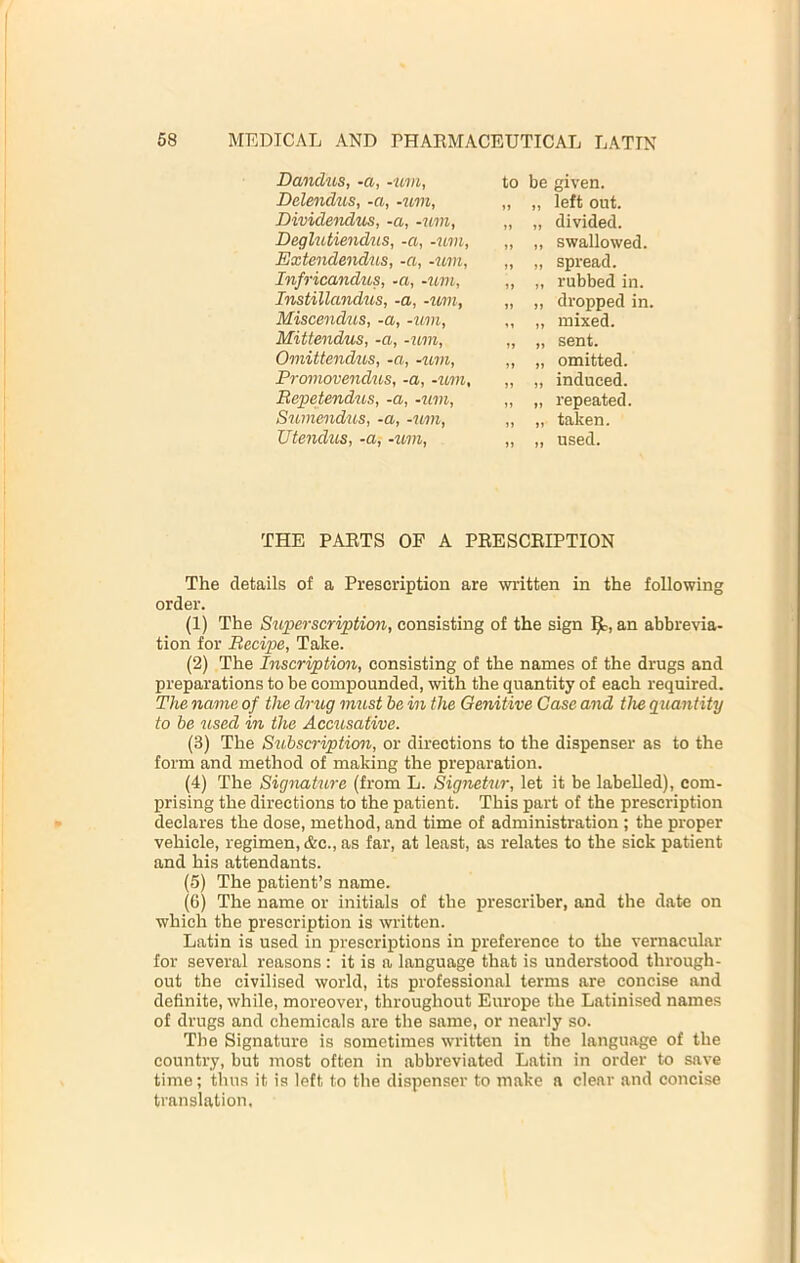 Dandus, -a, ••iim, Delendus, -a, -um, Dividaidtis, -a, -um, Degltdiendns, -a, -um, Extendendus, -a, -iim, Infricandus, -a, -um, Instillandus, -a, -um, Miscendus, -a, -u,m, Mittendus, -a, -um, Omittendus, -a, -tim, Prcmiovendtis, -a, -tom, Bepetendtos, -a, -um, Sumendus, -a, -um, Utendus, -a, -tom. to be given. „ „ left out. „ „ divided. „ „ swallowed. „ „ spread. „ „ rubbed in. „ „ dropped in. „ „ sent. „ „ omitted. „ „ induced. „ „ repeated. „ „ taken. „ „ used. „ mixed. THE PARTS OF A PRESCRIPTION The details of a Prescription are written in the following order. (1) The Superscription, consisting of the sign 9^, an abbrevia- tion for Becipe, Take. (2) The Inscriptimi, consisting of the names of the drugs and preparations to be compounded, with the quantity of each required. The name of the drug must be in the Genitive Case and the quantity to be used in the Accusative. (3) The Subscription, or directions to the dispenser as to the form and method of making the preparation. (4) The Signature (from L. Signetur, let it be labelled), com- prising the directions to the patient. This part of the prescription declares the dose, method, and time of administration ; the proper vehicle, regimen, &c., as far, at least, as relates to the sick patient and his attendants. (5) The patient’s name. (6) The name or initials of the prescriber, and the date on which the prescription is written. Latin is used in prescriptions in preference to the vernacular for several reasons : it is a language that is understood through- out the civilised world, its professional terms are concise and definite, while, moreover, throughout Europe the Latinised names of drugs and chemicals are the same, or nearly so. The Signature is sometimes written in the language of the country, but most often in abbreviated Latin in order to save time; thus it is left to the dispenser to make a clear and concise translation.