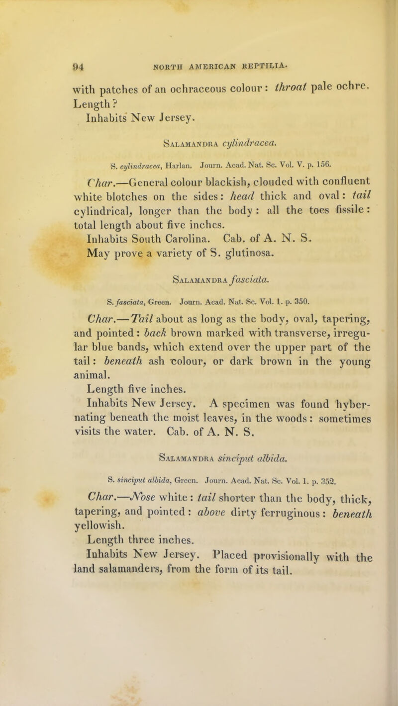 with patches of an ochraceous colour: throat pale ochre. Length ? Inhabits New Jersey. Salamandra cylindracea. S. cylindracea, Harlan, Journ. Acad. Nat. Sc. Vol. V. p. 156. Char.—General colour blackish, clouded with confluent white blotches on the sides: head thick and oval: tail cylindrical, longer than the body : all the toes fissile : total length about five inches. Inhabits South Carolina. Cab. of A. N. S. May prove a variety of S. glutinosa. Salamandra fuse iota. S.fasciata, Green. Journ. Acad. Nat. Sc. Vol. 1. p. 350. Char.— Tail about as long as the body, oval, tapering, and pointed : back brown marked with transverse, irregu- lar blue bands, which extend over the upper part of the tail: beneath ash colour, or dark brown in the young animal. Length five inches. Inhabits New Jersey. A specimen was found hvber- nating beneath the moist leaves, in the woods: sometimes visits the water. Cab. of A. N. S. Salamandra sinciput albida. S. sinciput albida, Green. Journ. Acad. Nat. Sc. Vol. 1. p. 352. Char.—JYose white: tail shorter than the body, thick, tapering, and pointed : above dirty ferruginous : beneath yellowish. Length three inches. Inhabits New Jersey. Placed provisionally with the land salamanders, from the form of its tail.