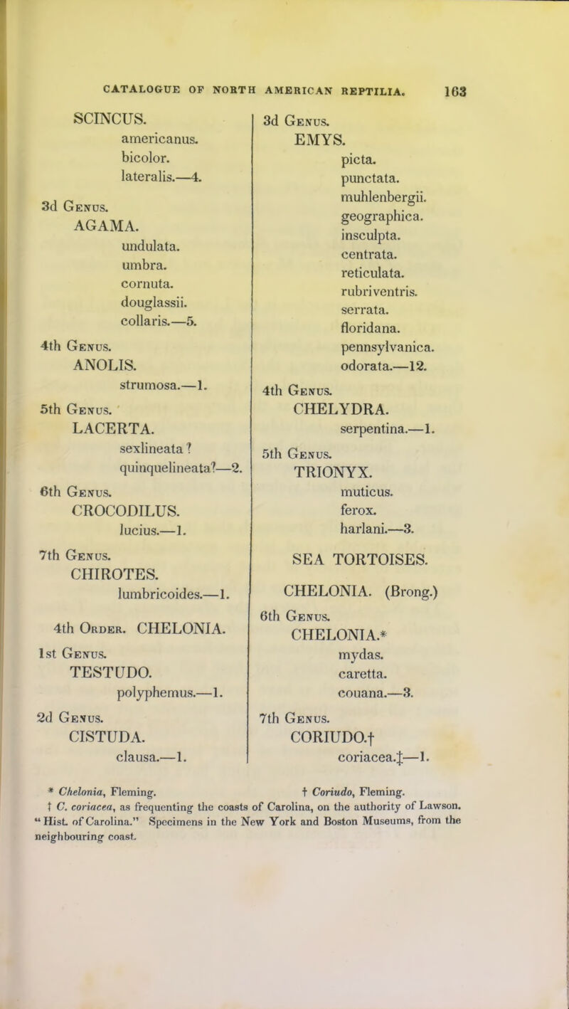 SCINCUS. 3d Genus. americanus. bicolor, lateralis.—4. EMYS. picta. punctata. 3d Genus. AGAMA. undulata. umbra, cornuta. douglassii. collaris.—5. muhlenbergii. geographica. insculpta. centrata. reticulata. rubriventris. serrata. floridana. 4th Genus. ANOLIS. strumosa.—1. pennsylvanica. odorata.—12. 4th Genus. 5th Genus. LACERTA. sexlineata ? quinquelineata?—2. 6th Genus. CROCODILUS. lucius.—1. CHELYDRA. serpentina.—1. 5th Genus. TRIONYX. muticus. ferox. harlani.—3. 7th Genus. CHIROTES. lumbricoides.—1. SEA TORTOISES. CHELONIA. (Brong.) 4th Order. CHELONIA. 6th Genus. CHELONIA.* 1st Genus. TESTUDO. polyphemus.—1. 2d Genus. CISTUDA. clausa.—1. mydas. caretta. couana.—3. 7th Genus. CORIUDO.f coriacea. J—1. * Chelonia, Fleming. t Coriudo, Fleming. t C. coriacea, as frequenting the coasts of Carolina, on the authority of Lawson. “Hist, of Carolina.” Specimens in the New York and Boston Museums, from the neighbouring coast.