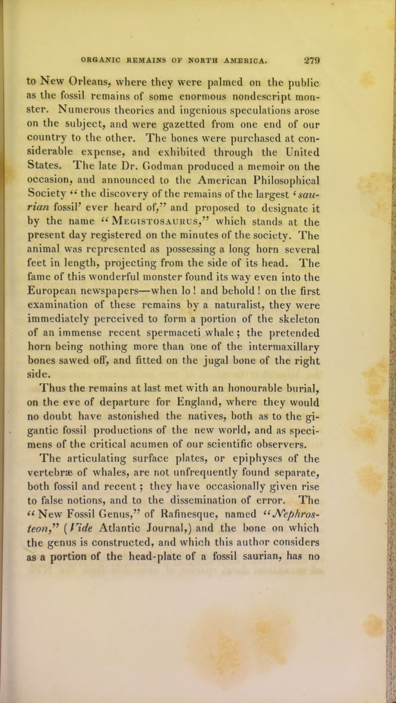 to New Orleans, where they were palmed on the public as the fossil remains of some enormous nondescript mon- ster. Numerous theories and ingenious speculations arose on the subject, and were gazetted from one end of our country to the other. The bones were purchased at con- siderable expense, and exhibited through the United States. The late Dr. Godman produced a memoir on the occasion, and announced to the American Philosophical Society “ the discovery of the remains of the largest 6 sau- rian fossil7 ever heard of/7 and proposed to designate it by the name “ Megistosaukus,77 which stands at the present day registered on the minutes of the society. The animal was represented as possessing a long horn several feet in length, projecting from the side of its head. The fame of this wonderful monster found its way even into the European newspapers—when lo ! and behold ! on the first examination of these remains by a naturalist, they were immediately perceived to form a portion of the skeleton of an immense recent spermaceti whale ; the pretended horn being nothing more than one of the intermaxillary bones sawed off, and fitted on the jugal bone of the right side. Thus the remains at last met with an honourable burial, on the eve of departure for England, where they would no doubt have astonished the natives, both as to the gi- gantic fossil productions of the new world, and as speci- mens of the critical acumen of our scientific observers. The articulating surface plates, or epiphyses of the vertebrae of whales, are not unfrequently found separate, both fossil and recent; they have occasionally given rise to false notions, and to the dissemination of error. The (( New Fossil Genus,77 of Rafinesque, named “JVephros- teon,” (lride Atlantic Journal,) and the bone on which the genus is constructed, and which this author considers as a portion of the head-plate of a fossil saurian, has no