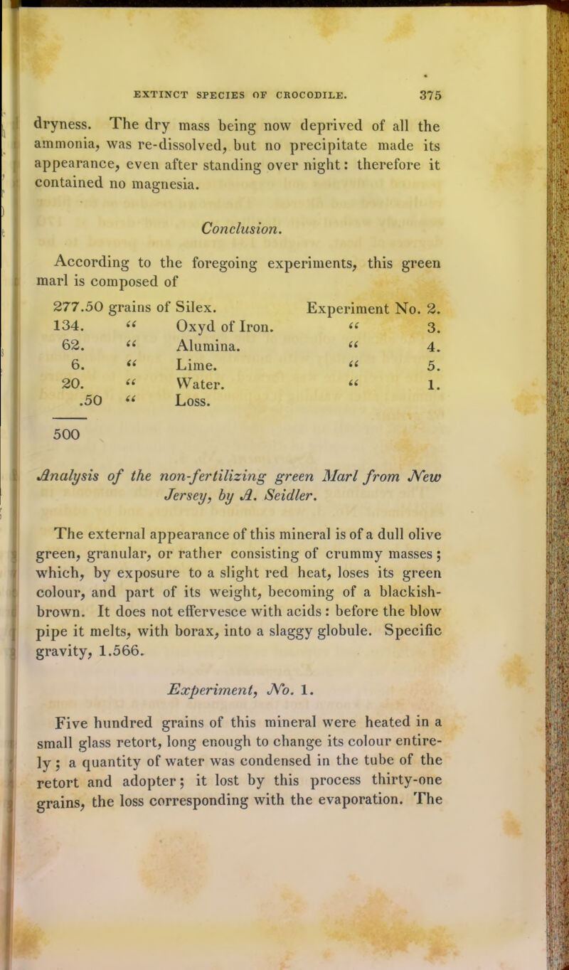 dryness. The dry mass being now deprived of all the ammonia, was re-dissolved, but no precipitate made its appearance, even after standing over night: therefore it contained no magnesia. Conclusion. According to the foregoing experiments, this green [ marl is composed of 277.50 grains of Silex. Experiment No. 2. 134. (( Oxyd of Iron. u 3. 62. a Alumina. u 4. 6. (( Lime. a 5. 20. a Water. u 1. .50 a Loss. 500 Analysis of the non-fertilizing green Marl from New Jersey, by A. Seidler. t I ) The external appearance of this mineral is of a dull olive green, granular, or rather consisting of crummy masses; which, by exposure to a slight red heat, loses its green colour, and part of its weight, becoming of a blackish- brown. It does not effervesce with acids : before the blow pipe it melts, with borax, into a slaggy globule. Specific gravity, 1.566. Experiment, No. 1. Five hundred grains of this mineral were heated in a small glass retort, long enough to change its colour entire- ly 5 a quantity of water was condensed in the tube of the retort and adopter; it lost by this process thirty-one grains, the loss corresponding with the evaporation. The