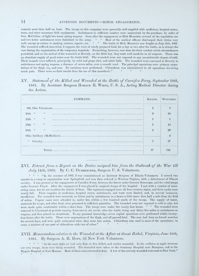 scarcely more than half an hour. The troops on this campaign were generally well supplied with medicines, hospital stores, tents, and other necessary field equipments. Ambulances in sufficient number were improvised by the purchase, by order of Gen. McClellan, of light two-horse spring wagons. Soon after the engagement at Rich Mountain, several of the regulation one and two-horse ambulances were furnished to the army. * * Most of the medical officers discharged their duties very well, except as relates to making returns, reports, etc. * * The battle of Rich Mountain was fought on July 11th, 1861. The wounded suffered somewhat, I suppose, for want of nicely prepared food, for a day or two after the battle, as is always the case during the organization of the temporary hospitals. Everything, however, was done for their comfort which circumstances permitted, and on the arrival of the wounded at Beverly, on the third day, they were well cared for in all respects. There was an abundant supply of good water near the battle field. The wounded were not exposed to any uncomfortable degree of cold. Their wounds were inflicted, principally, by solid and grape shot, and minic balls. The wounded were conveyed to Beverly in ambulances and spring wagons, a distance of seven miles, over a smooth road. The principal operations were primary ampu- tations of the thigh, leg, and arm. No excisions were performed. Chloroform was administered in all operations involving much pain. There were no fatal results from the use of this anaesthetic.” * * * XV. Statement of the Killed and Wounded at the Battle of Carnifex Ferry, September 10th, 1861. By Assistant Surgeon Horace R. Wirtz, U. S. A., Acting Medical Director during the Action. COMMAND. Killed. Wounded. 1 8 10th “ “ 9 50 12th “ “ 1 1 13th “ “ 1 12 28th “ “ 2 29 4 3 37 Total 17 141 XVI. Extract from a Report on the Duties assigned him from the Outbreak of the War till July 1-R/i, 1863. By C. C. Dumreicher, Surgeon U. S. Volunteers. * * * “In the summer of 1861, I was commissioned as Assistant Surgeon of Illinois Volunteers. I served two months in a camp of organization near Springfield, and was then ordered to Western Virginia, with a detachment of Illinois cavalrv. I was present at the engagement at Carnifex Ferry, between the forces under General Rosecrans, and the rebel troops under General Floyd. After the engagement I was placed in surgical charge of the hospital. I met with a number of inter- esting cases, but do not recollect the details of them. The regiments engaged were all from western states, and their ranks were nearly full. Their supplies of medicines, hospital stores, ambulances, and tents were limited, and, in several instances, insufficient. The wounded were removed, on litters and by ambulances, to a house a little more than half a mile from the field of action. Urgent cases were attended to, under fire, within a few hundred yards of the troops. The supply of water, materials for soups, and other food, were procured in sufficient quantities. The wounded were not exposed to cold or rain, but were made quite comfortable within a short time. The troops were under fire nearly four hours. * * The wounded were removed to Cincinnati at periods varying from two to six weeks after the battle, being sent thirty-five miles in ambulances or wagons, and then placed on steamboats. To my personal knowledge, seven capital operations were performed within twenty- four hours after the battle. These were amputations of the thigh, and all proved fatal. The men had been on forced marches for several days, and were quite exhausted when they went into action. Chloroform was used in most of the operations; in some, a mixture of one part of chloroform with two of ether.” * XVII. Memorandum relative to the Wounded at the Affair at Great Bethel, Virginia, June 10th, 1861. By Surgeon A. H. Hoff, 3d Hew York Volunteers. * * * “'At the main fight we had only four or five killed, and twelve wounded. In the collision at night between our own troops, there were thirty wounded. The wounded were taken to the Seminary Hospital near Hampton, and to the Ilygeia Hospital at Fort Monroe. Most of them soon returned to duty. A few of the severely wounded were sent to New York.”
