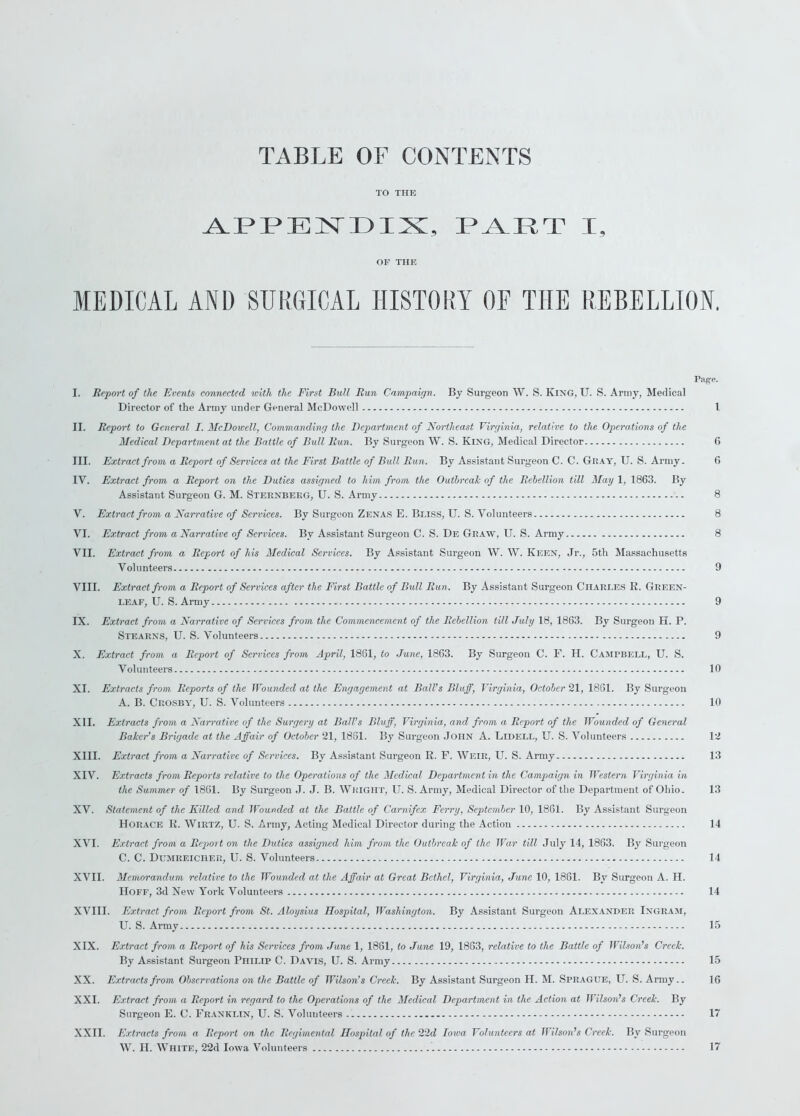 TABLE OF CONTENTS TO THE APPEN DIX, PART I, OF THE MEDICAL AND SURGICAL HISTORY OF THE REBELLION. Page. I. Report of the Events connected with the First Bull Run Campaign. By Surgeon W. S. King, U. S. Army, Medical Director of the Army under General McDowell 1 II. Report to General I. McDowell, Commanding the Department of Northeast Virginia, relative to the Operations of the Medical Department at the Battle of Bull Run. By Surgeon W. S. King, Medical Director 6 III. Extract from a Report of Services at the First Battle of Bull Run. By Assistant Surgeon C. C. Gray, U. S. Army. 6 IV. Extract from a Report on the Duties assigned to him from the Outbreak of the Rebellion till May 1, 1863. By Assistant Surgeon G. M. Sternberg, U. S. Army 8 V. Extract from a Narrative of Services. By Surgeon Zenas E. Bliss, U. S. Volunteers 8 VI. Extract from a Narrative of Services. By Assistant Surgeon C. S. De Graw, U. S. Army 8 VII. Extract from a Report of his Medical Services. By Assistant Surgeon W. W. Keen, Jr., 5th Massachusetts Volunteers 9 VIII. Extract from a Report of Services after the First Battle of Bull Run. By Assistant Surgeon Charles R. Green- leaf, U. S. Army 9 IX. Extract from a Narrative of Services from the Commencement of the Rebellion till July 18, 1863. By Surgeon H. P. Stearns, U. S. Volunteers 9 X. Extract from a Report of Services from April, 1861, to June, 1863. By Surgeon C. F. H. Campbell, U. S. Volunteers 10 XI. Extracts from Reports of the Wounded at the Engagement at Ball’s Bluff, Virginia, October 21, 1861. By Surgeon A. B. CROSBY, U. S. Volunteers 10 XII. Extracts from a Narrative of the Surgery at Ball’s Bluff, Virginia, and from a Report of the Wounded of General Baker’s Brigade at the Affair of October 21, 1861. By Surgeon John A. Lidell, U. S. Volunteers 12 XIII. Extract from a Narrative of Services. By Assistant Surgeon R. F. Weir, U. S. Army 13 XIV. Extracts from Reports relative to the Operations of the Medical Department in the Campaign in Western Virginia in the Summer of 1861. By Surgeon J. J. B. Wright, U. S. Army, Medical Director of the Department of Ohio. 13 XV. Statement of the Killed and Wounded at the Battle of Carnifex Ferry, September 10, 1861. By Assistant Surgeon Horace R. Wirtz, U. S. Army, Acting Medical Director during the Action 14 XVI. Extract from a Report on the Duties assigned him from the Outbreak of the War till July 14, 1863. By Surgeon C. C. Dumreicher, U. S. Volunteers 14 XVII. Memorandum relative to the Wounded at the Affair at Great Bethel, Virginia, June 10, 1861. By Surgeon A. H. Hoff, 3d New York Volunteers 14 XVIII. Extract from Report from St. Aloysius Hospital, Washington. By Assistant Surgeon Alexander Ingram, U. S. Army 15 XIX. Extract from a Report of his Services from June 1, 1861, to June 19, 1863, relative to the Battle of Wilson’s Creelc. By Assistant Surgeon Philip C. Davis, U. S. Army 15 XX. Extracts from Observations on the Battle of Wilson’s Creek. By Assistant Surgeon H. M. Sprague, U. S. Army.. 16 XXI. Extract from a Report in regard to the Operations of the Medical Department in the Action at Wilson’s Creek. By Surgeon E. C. Franklin, U. S. Volunteers 17 XXII. Extracts from a Report on the Regimental Hospital of the 22d Iowa Volunteers at Wilson’s Creek. By Surgeon W. H. White, 22d Iowa Volunteers 17