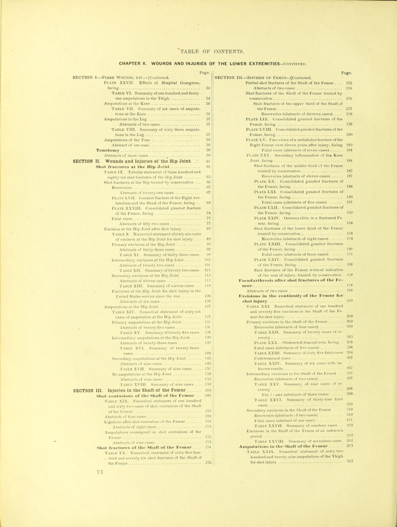 CHAPTER X. WOUNDS AND INJURIES OF THE LOWER EXTREMITIES—Continued. Page. SECTION I.—Flesh Wounds, etc.—[Continued. Plate XXVII. Effects of Hospital Grangrene, facing 53 Table VI. Summary of on6 hundred and thirty- one amputations in the Thigh 54 Amputations at the Knee 56 Table VII. Summary of six cases of amputa- tions at the Knee 56 Amputations in the Leg 57 Abstracts of two cases 57 Table VIII. Summary of sixty-three amputa- tions in the Leg 57 Amputations of the Toes 59 Abstract of one case 59 Tenotomy 59 Abstracts of three cases ' 59 SECTION II. Wounds and Injuries of the Hip Joint..... 61 Shot fraccures at the Hip Joint 61 Table IX. Tabular statement of three hundred and eighty-six shot fractures of the Hip Joint 65 Shot fractures at the Hip treated by conservation ... 66 Recoveries 67 Abstracts of twenty-one cases 67 PLATE LVII. Gunshot fracture of the Right Ace- tabulum and the Head of the Femur, facing... 68 Plate XXXIII. Consolidated gunshot fracture of the Femur, facing 74 Fatal cases 77 Abstracts of fifty-two cases 77 Excision at the Hip Joint after shot injury. 89 Table X. Numerical statement of sixty-six cases of excision at the Hip Joint for shot injury.... 89 Primary excisions at the Hip Joint 92 Abstracts of thirty-three cases 92 Table XI. Summary of thirty-three cases. 99 Intermediary excisions at the Hip Joint 101 Abstracts of twenty-two cases 101 Table XII. Summary of twenty-two cases. Ill Secondary excisions at the Hip Joint 113 Abstracts of eleven cases 113 Table XIII. Summary of eieven cases ... 119 Excisions at the Hip Joint for shot injury in the United States service since the war 120 Abstracts of six cases 120 Amputations at the Hip Joiut 197 Table XIV. Numerical statement of sixty-six cases of amputation at the Hip Joint 127 Primary amputations at the Hip Joint 13L . Abstracts of twenty-five cases 131 Table XV. Summary of twenty-five cases. 138 Intermediary amputations at the Hip Joint 139 Abstracts of twenty-three cases 139 Table XVI. Summary of twenty-three cases 144 Secondary amputations at the Hip Joint 145 Abstracts of nine cases 145 Table XVII. Summary of nine cases 151 Re-amputations at the Ilip Joint 152 Abstracts of nine cases 152 TABLE XVIII. Summary of nine cases 159 Page. SECTION III.—Injuries of Femur—[Continued. Partial shot fractures of the Shaft of the Femur 175 Abstracts of two cases 176 Shot fractures of the Shaft of the Femur treated by conservation 176 Shot fractures of the upper third of the Shaft of the Femur 177 Recoveries (abstracts of thirteen cases) 178 PLATE LIX. Consolidated gunshot fractures of the Femur, facing 178 Plate LVII I. Consolidated gunshot fractures of the Femur, facing 180 Plate LV. Two views of a united shot fracture of the Right Femur over eleven years after injury, facing 182 Fatal cases (abstracts of seven cases) 184 PLATE XXV. Secondary inflammation of the Knee Joint, facing 184 Shot fractures of the middle third cf the Femur treated by conservation 187 Recoveries (abstracts of eleven cases) 187 PLATE LX. Consolidated gunshot fractures of the Femur, facing 188 Plate LXI. Consolidated gunshot fractures of the Femur, facing 190 Fatal cases (abstracts of five cases) 191 Plate LXII. Consolidated gunshot fractures of the Femur, facing 192 Plate XXIV. Osteomyelitis in a fractured Fe- mur, facing 194 Shot fractures of the lower third of the Femur treated by conservation 194 Recoveries (abstracts of eight cases) 194 Plate LX III. Consolidated gunshot fractures of the Femur, facing 196 Fatal cases (abstracts of three cases) 197 FlatE LX1V. Consolidated gunshot fractures of the Femur, facing 198 Shot fractures of the Femur, without indication of the seat of injury, treated by conservation 198 Pseud arthrosis after shot fractures of the Fe- mur 198 Abstracts of two cases 198 Excisions in the continuity of the Femur for shot injury 199 table XXI. Numerical statement of one hundred and seventy-five excisions in the Shaft of the Fe- mur for shot injury - 200 Primary excisions in the Shaft of the Femur 200 Recoveries (abstracts of four cases) 200 Table XXII. Summary of twenty cases of re- covery 203 Plate XXX. Obstructed femoral vein, facing.. 204 Fatal cases (abstracts of five cases) 204 TABLE XXIII. Summary of sixty-five fatal cases 206 Undetermined cases 207 Table XXIV. Summary of six cases with un- known results 207 Intermediary excisions in the Shaft of the Femur . - 207 Recoveries (abstracts of two cases) 207 Table XXV. Summary of nine cases of re- SECTION III. Injuries in the Shaft of the Femur Shot contusions of the Shaft of the Femur Table XIX. Numerical statement of one hundred and sixty-two cases of shot contusions of the Shaft of the Femur Abstracts of four cases Ligations after shot contusions of the Femur Abstracts of eight cases Amputations consequent on shot contusions of the Femur Abstracts of nine eases Shot fractures of the Shaft of the Femur Table XX. Numerical statement of sixty-five hun- . died and seventy-six shot fractures of the Shaft of the Femur 169 169 170 | 170 172 1-70 I 172 11 173 174 i covery Fat: .! i uses (abstracts of three cases) Table XXVI. Summary of thirty-nine fatal cases Secondary excisions in the Shaft of the Femur Recoveries (abstracts cf two cases) Fatal cases (abstract of one case) TABLE XXVII. Summary of nineteen cases .. Excisions in the Shaft of the Femur at an unknown period TABLE XXVUI. Summary of seventeen cases Amputations in the Shaft of the Femur Table XXIX. Numerical statement of sixty-two hundred and twenty-nine amputations ot the Thigh for shot injury 208 209 210 210 210 211 212 212 212 213 213