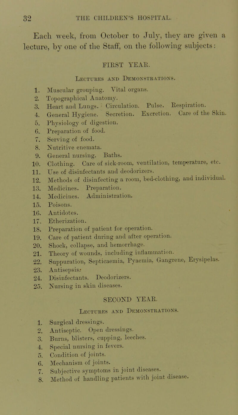 Each week, from October to Jul}-, they ure given a lecture, by one of the Staff, on the following subjects: FIRST YEAE. Lectures and Demonstea.tiox.s. 1. Muscular grouping. Vital organs. 2. Topographical Anatomy. 3. Heart and Lungs. ■ Circulation. Pulse. Respiration. 4. General Hygiene. Secretion. Excretion. Care of the Skin. 5. Physiology of digestion. G. Preparation of food. 7. Serving of food. 8. Nutritive enemata. 9. General nursing. Baths. 10. Clothing. Care of sick-room, ventilation, temperature, etc. 11. Use of disinfectants and deodorizers. 12. Methods of disinfecting a room, bed-clothing, and individual. 13. Medicines. Preparation. 14. Medicines. Administration. 15. Poisons. 16. Antidotes, 17. Etherization. 18. Preparation of patient for operation. 19. Care of patient during and after operation. 20. Shock, collapse, and hemorrhage. 21. Theory of wounds, including iutlainmation. 22. Suppuration, Septicaemia, Pyaemia, Gangrene, Erysipelas. 23. Antisepsis.' 24. Disinfectants. Deodorizers. 25. Nursing in skin diseases. SECOND YEAR. Lectures and Demonstrations. 1. Surgical dressings. 2. Antiseptic. Open dressings. 3. Burns, blisters, cupping, leeches. 4. Special nursing in fevers. 5. Condition of joints. 6. Mechanism of joints. 7. Subjective symptoms in joint diseases. 8. Method of handling patients with joint disease.