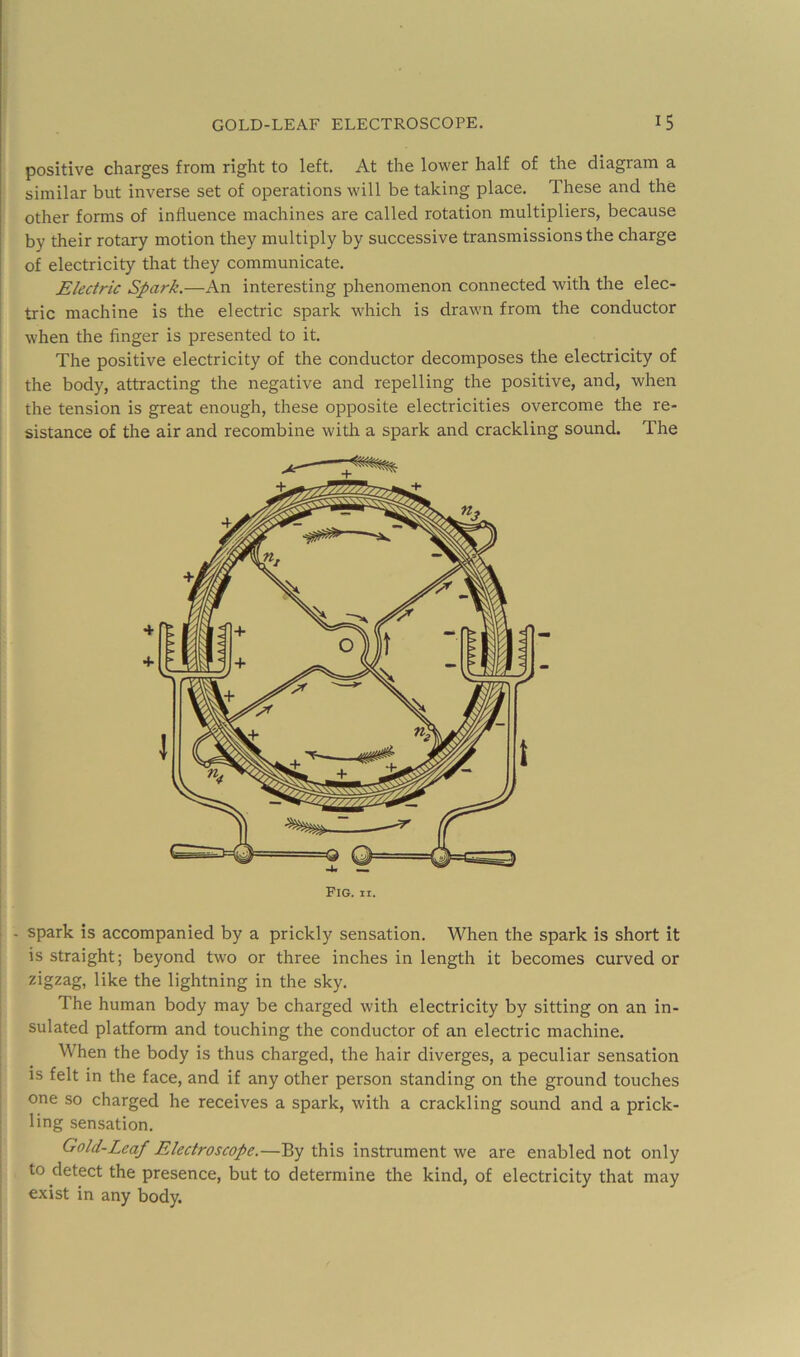 positive charges from right to left. At the lower half of the diagram a similar but inverse set of operations will be taking place. These and the other forms of influence machines are called rotation multipliers, because by their rotary motion they multiply by successive transmissions the charge of electricity that they communicate. Electric Spark.—An interesting phenomenon connected with the elec- tric machine is the electric spark which is drawn from the conductor when the finger is presented to it. The positive electricity of the conductor decomposes the electricity of the body, attracting the negative and repelling the positive, and, when the tension is great enough, these opposite electricities overcome the re- sistance of the air and recombine with a spark and crackling sound. The - spark is accompanied by a prickly sensation. When the spark is short it is straight; beyond two or three inches in length it becomes curved or zigzag, like the lightning in the sky. The human body may be charged with electricity by sitting on an in- sulated platform and touching the conductor of an electric machine. When the body is thus charged, the hair diverges, a peculiar sensation is felt in the face, and if any other person standing on the ground touches one so charged he receives a spark, with a crackling sound and a prick- ling sensation. Gold-Leaf Electroscope.—By this instrument we are enabled not only to detect the presence, but to determine the kind, of electricity that may exist in any body.