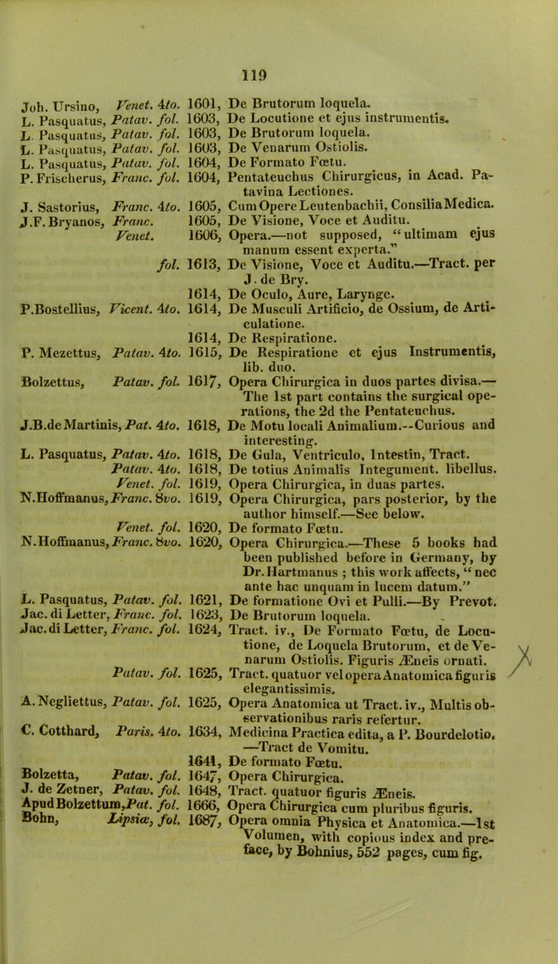 Joh. Ursino, Venet. 4to. 1601, De Brutorum loquela. L. Pasquatus, Patav. fol. 1603, De Locutione et ejus instruments* L Pasquatus, Patav. fol. 1603, De Brutorum loquela. h. Pasquatus, Patav. fol. 1603, De Venarum Ostiolis. L. Pasquatus, Patav. fol. 1604, De Forinato Fcetu. P. Friseherus, Franc. fol. 1604, Pentateuclius Chirurgicus, in Acad. Pa- tavina Lectiones. J. Sastorius, Franc. 4to. 1605, CumOpereLeutenbacbii, ConsiliaMedica. J.F. Bryanos, Franc. 1605, De Visione, Voce et Auditu. Venet. 1606, Opera.—not supposed, “ultimam ejus manum essent experta.” fol. 1613, De Visione, Voce et Auditu.—Tract, per J. de Bry. 1614, De Oculo, Aure, Larynge. P.Bostellius, Vicent. 4to. 1614, De Musculi Artificio, de Ossium, de Arti- culatione. 1614, De Respiratione. P. Mezettus, Patav. 4to. 1615, De Respiratione et ejus Instrumentis, lib. duo. Bolzettus, Patav. foL 1617* Opera Chirurgica in duos partes divisa.— The 1st part contains the surgical ope- rations, the 2d the Pentateuclius. J.B.de Martinis, Pat. 4to. 1618, De Motu loeali Animalium.--Curious and interesting. L. Pasquatus, Patav. 4to. 1618, De Gula, Ventriculo, lntestin, Tract. Patav. 4to. 1618, De totius Animalis Integument, libellus. Venet. fol. 1619, Opera Chirurgica, in duas partes. N.Hoffmanus,Franc, iivo. 1619, Opera Chirurgica, pars posterior, by the author himself.—See below. Venet. fol. 1620, De formato Fcetu. N.Hoffmanus, Franc. Hvo. 1620, Opera Chirurgica.—These 5 books had been published before in Germany, by Dr.Hartmanus ; this work affects, “ nec ante hac unquam in lucem datum.” L. Pasquatus, Patav. fol. 1621, De formatione Ovi et Pulli.—By Prevot. Jac. di Letter, Franc, fol. 1623, De Brutorum loquela. Jac.di Letter, Franc, fol. 1624, Tract, iv., De Formato Fcetu, de Locu- tione, de Loquela Brutorum, et de Ve- narum Ostiolis. Figuris iEneis ornati. Patav. fol. 1625, Tract, quatuor vcloperaAnatomica figuris elegantissimis. A.Negliettus, Patav. fol. 1625, Opera Anatomica ut Tract, iv., Multis ob- eervationibus raris refertur. C. Cotthard, Paris. 4to. 1634, Medicina Practica edita, a P. Bourdelotio, —Tract de Vomitu. 1641, De formato Fcetu. Bolzetta, Patav. fol. 1647, Opera Chirurgica. J. de Zetner, Patav. fol. 1648, Tract, quatuor figuris iEneis. ApudBolzettum,Pat. fol. 1666, Opera Chirurgica cum pluribus figuris. Bohn, JLipsi(B} fol. 1687* Opera omnia Physica et Anatomica.—1st Volumen, with copious index and pre- face, by Bohnius, 552 pages, cum fig.