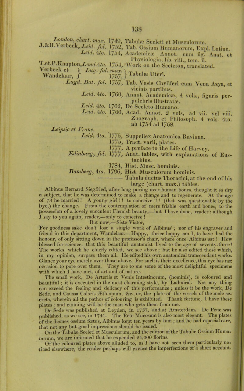 ffu on, chart. max. 1/49, Tabnlfe Sceleti et Musculorum. 1752, Tab. Ossium Humauorum, Expl. Latinc. 1/51, Academical Annot. cum iig. Anat. et ^ Plivsiologia, lib. viii., tom. ii. 1/54, Work on the Sceleton, translated. Tabu he Uteri. lab. Vasis Cbyliferl cum Vena Azva, et vicinis partibus. Annot. Academics®, 4 vols., figuris per- pulchris illustralae. Do Scelcto Humano. Acad. Annot. 2 vols J.&H.Verbeck, Lent. fol. Leitl. 4to. T.ct.P.Knnpton,Loud Ato. Verbeck et \ Lug. fol Waudelaar, / Lugd. Bat. Jol. 1/5/, Leid. 4to. 1760, Leid. 4to. Leid. 4to. 1702, 1700, ad Vll Leipsic et Franc. Leid. 4to 1775, 1775, 1 / / / 5 Edinburg, fol. 1777j Zoograph, et Philosoph. 4 ah 1754 ad 1768. Suppcllex Anatomica Raviaua. Tract, varii, plates. vel viii. vols. 4to. 1784, Bamberg, 4to. 1796, A preface to the Life of Harvey. Anat. tables, with explanations of Eus- taehius. Hist. Muse, hominis. Hist. Musculorum hominis. Tabula ductus Thoracici, at the end of his large (chart, max.) tables. Albinus Bernard Siegfried, after long poring over human bones, thought it so dry a subject, that he was determined to make a change and to regenerate. At the age of 73 he married ! A young girl! ! to conceive! !! (that was questionable by the bye,) the change. From the contemplation of mere friable earth and bones, to the possession of a lovely succulent Flemish beauty,—but I have done, reader: although I say to you again, reader,—only to conceive ! But now,—Siste Viator, For goodness sake don’t lose a single work of Albinus’; nor of his engraver and friend in this department, Wandelaar.—Happy, thrice happy am I, to have had the honour, of only sitting down in the professor’s chair, where once Albinus sat! How blessed for science, that this beautiful anatomist lived to the age of seventy-three ! The works which he chiefly edited, we see above; but he also edited those which, in my opinion, surpass them all. Fie edited his own anatomical transcendant works. Glance your eye merely over those above. For such is their excellence, this eye has not occasion to pore over them. They are to me some of the most delightful specimens with which I have met, of art and of nature. The small work, De Arteriis et Venis Intestinorum, (hominis), is coloured and beautiful; it is executed in the most charming style, by Ladmiral. Not any thing can exceed the feeling and delicacy of this performance; unless it be the work, De Sede, and Caussa Coloris .ZEthiopum, &c, or, the plate of the vessels of the male se- creta, wherein all the pathos of colouring is exhibited. Thank fortune, I have these plates: and eunning will be the man who gets them from me. De Sede was published at Leyden, in 1737, and at Amsterdam. De Pene was published, as we see, in 1741. The Rete Mucosum is also most elegant. The plates of the leones ossium feet us, Albinus kept ten years by him; and he had especial care, that not any but good impressions should be issued. On the Tabulae Sceleti et Musculorum, and the edition of the Tabulae Ossium Huma- norum, we are informed that he expended 24,000 florins. Of the coloured plates above alluded to, as I have not seen them particularly no- ticed elsewhere, the reader perhaps will excuse the imperfections of a short account.