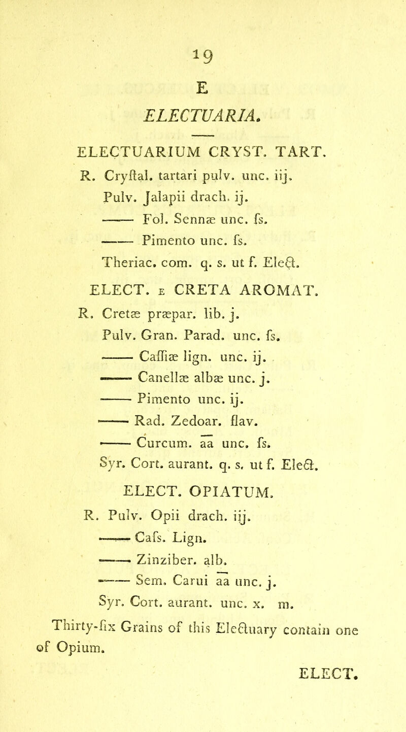 E ELECTUARIA* ELECTUARIUM CRYST. TART, R. Cryflal. tartari pulv. unc. iij, Pulv. Jalapii drach, ij. —— FoL Sennas unc, fs. Pimento unc. fs. Theriac. com. q. s. ut f, ElefL ELECT, e GRETA AROMAT. R, Gretas praspar. lib. j. Pulv. Gran. Parad. unc. fs, - - Calfias lign. unc. ij. —— Canellse albae unc. j. Pimento unc. ij. —— Rad. Zedoar. flav. • Curcum. aa unc. fs. Syr, Cort. aurant. q. s. ut f. Ele£L ELECT. OPIATUM, R. Pulv. Gpii drach. iij, ■ — Cafs. Lign. *—-— Zinziber. alb, ■ Sem. Carui aa unc, j. Syr. Cort. aurant, unc. x. m. Thirty-fix Grains of this Elefluary contain one of Opium.