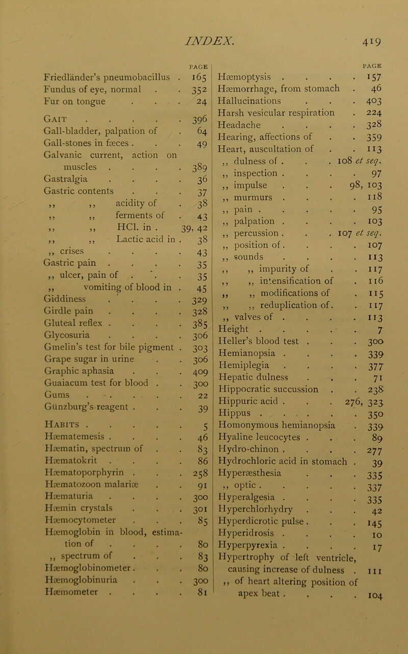 PAGE Friedlander’s pneumobacillus . 165 Fundus of eye, normal . . 352 Fur on tongue . . 24 Gait 396 Gall-bladder, palpation of . 64 Gall-stones in faeces ... 49 Galvanic current, action on muscles .... 389 Gastralgia .... 36 Gastric contents 37 ,, ,, acidity of . 38 ,, ,, ferments of . 43 ,, ,, HC1. in . 39, 42 ,, ,, Lactic acid in . 38 „ crises .... 43 Gastric pain 35 ,, ulcer, pain of '. . 35 ,, vomiting of blood in . 45 Giddiness . . . .329 Girdle pain .... 328 Gluteal reflex .... 385 Glycosuria .... 306 Gmelin’s test for bile pigment . 303 Grape sugar in urine . . 306 Graphic aphasia . . . 409 Guaiacum test for blood . . 300 Gums . . . .22 Giinzburg’s reagent ... 39 Habits 5 Haematemesis .... 46 Haematin, spectrum of 83 Haematokrit .... 86 Haematoporphyrin . . . 258 Haematozoon malarias . . 91 Haematuria .... 300 Haemin crystals . . .301 Haemocytometer ... 85 Haemoglobin in blood, estima- tion of . . .80 ,, spectrum of . -83 Ilaemoglobinometer. . . 80 Haemoglobinuria . . . 300 Haemometer . . . .81 PAGE Haemoptysis . . . 157 Haemorrhage, from stomach . 46 Hallucinations . . . 403 Harsh vesicular respiration . 224 Headache .... 328 Hearing, affections of . . 359 Heart, auscultation of . . 113 ,, dulness of . . . 108 et seq. ,, inspection .... 97 ,, impulse . . . 98, 103 ,, murmurs . . . .118 >, pain 95 ,, palpation . . . .103 ,, percussion. . . 107 et seq. ,, position of. . . . 107 ,, sounds . . . .113 ,, ,, impurity of . . 1x7 ,, ,, intensification of . 116 ,, ,, modifications of . 115 ,, ,, reduplication of. . 117 ,, valves of . . . . 113 Height ..... 7 Heller’s blood test . . . 300 Hemianopsia .... 339 Hemiplegia . . . 377 Hepatic dulness . . 71 Hippocratic succussion . . 238- Hippuric acid . . . 276, 323 Hippus ..... 350 Homonymous hemianopsia . 339 Hyaline leucocytes ... 89 Hydro-chinon .... 277 Hydrochloric acid in stomach . 39 Hyperaesthesia . . . 335 » °Ptic 337 Hyperalgesia .... 333 Ilyperchlorhydry ... 42 Hyperdicrotic pulse. . . 145 Hyperidrosis .... 10 Hyperpyrexia . . . 17 Hypertrophy of left ventricle, causing increase of dulness . 111 ,, of heart altering position of apex beat . . . .104