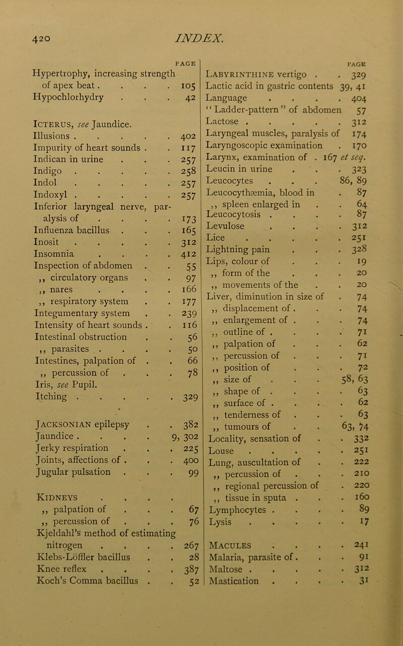 PAGE Hypertrophy, increasing strength of apex beat.... 105 Hypochlorhydry ... 42 Icterus, see Jaundice. Illusions ..... 402 Impurity of heart sounds . . 117 Indican in urine . . . 257 Indigo ..... 258 Indol 257 Indoxyl ..... 257 Inferior laryngeal nerve, par- alysis of . . . -173 Influenza bacillus . . .165 Inosit . . . . .312 Insomnia . . . .412 Inspection of abdomen . . 55 ,, circulatory organs . . 97 ,, nares .... 166 ,, respiratory system . .177 Integumentary system . . 239 Intensity of heart sounds . . 116 Intestinal obstruction . . 56 ,, parasites . . . -5° Intestines, palpation of . .66 ,, percussion of . .78 Iris, see Pupil. Itching . . . . 329 Jacksonian epilepsy . . 382 Jaundice .... 9, 302 Jerky respiration . . . 225 Joints, affections of . . . 400 Jugular pulsation ... 99 Kidneys .... ,, palpation of . .67 ,, percussion of . -76 Kjeldahl’s method of estimating nitrogen .... 267 Klebs-Loffler bacillus . . 28 Knee reflex .... 387 Koch’s Comma bacillus . . 52 page Labyrinthine vertigo . . 329 Lactic acid in gastric contents 39, 41 Language .... 404 “ Ladder-pattern ” of abdomen 57 Lactose . . . . .312 Laryngeal muscles, paralysis of 174 Laryngoscopic examination . 170 Larynx, examination of . 167 et seq. Leucin in urine . . . 323 Leucocytes . . . 86, 89 Leucocythsemia, blood in . 87 ,, spleen enlarged in .64 Leucocytosis .... 87 Levulose . . . .312 Lice . . . . . 251 Lightning pain . . . 328 Lips, colour of . . 19 ,, form of the ... 20 ,, movements of the . . 20 Liver, diminution in size of . 74 ,, displacement of. . . 74 ,, enlargement of . . -74 ,, outline of . . . • 71 ,, palpation of . .62 ,, percussion of . • 71 ,, position of 72 ,, size of 58, 63 ,, shape of . . . -63 ,, surface of . . . .62 ,, tenderness of . -63 ,, tumours of . . 63, 74 Locality, sensation of . . 332 Louse . . . . >251 Lung, auscultation of . • 222 ,, percussion of . .210 ,, regional percussion of . 220 ,, tissue in sputa . . .160 Lymphocytes .... 89 Lysis 17 Macules . . . .241 Malaria, parasite of. . • 91 Maltose . . . . • 312 Mastication . . . • 31