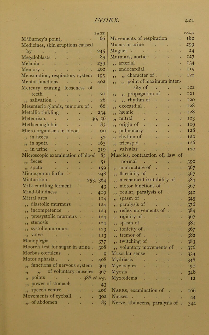 PAGE M‘Burney’s point, ... 66 Medicines, skin eruptions caused by 245 Megaloblasts .... 89 Melanin ..... 259 Memory 402 Mensuration, respiratory system 195 Mental functions . . . 402 Mercury causing looseness of teeth .... 21 ,, salivation .... 26 Mesenteric glands, tumours of . 66 Metallic tinkling . . . 234 Meteorism, ... 36, 56 Methsemoglobin ... 83 Micro-organisms in blood . 90 ,, in feces .... 52 ,, in sputa .... 163 ,, in urine .... 319 Microscopic examination of blood 85 ,, feces . . . 51 ,, sputa . . . .159 Microsporon furfur . . . 248 Micturition . . . 253, 364 Milk-curdling ferment . . 43 Mind-blindness . . . 409 Mitral area . . . .114 ,, diastolic murmurs . .124 ,, incompetence . . -123 ,, prresystolic murmurs . .124 ,, stenosis .... 124 ,, systolic murmurs . .123 ,, valve . . . -113 Monoplegia . . . -377 Moore’s test for sugar in urine . 308 Morbus cceruleus ... 9 Motor aphasia.... 408 ,, functions of nervous system 364 ,, ,, of voluntary muscles 367 „ points . . . 388 et seq. ,, power of stomach . . 43 ,, speech centre . . . 406 Movements of eyeball . . 302 ,, of abdomen ... 85 Movements of respiration PAGE 182 Mucus in urine 299 Muguet .... 24 Murmurs, aortic 127 ,, arterial 134 ,, endocardial 119 ,, ,, character of. 122 ,, ,, point of maximum inten sity of 122 ,, ,, propagation of 121 ,, ,, rhythm of . 120 ,, exocardial . 128 ,, lnemic 128 ,, mitral 123 ,, origin of . 119 „ pulmonary 128 ,, rhythm of 120 ,, tricuspid . 126 ,, valvular 120 Muscles, contraction of, law of normal 390 ,, contracture of . 367 ,, flaccidity of 367 ,, mechanical irritability of 384 ,, motor functions of 367 ,, ocular, paralysis of . 342 ,, spasm of . 345 ,, paralysis of 376 ,, reflex movements of . 384 ,, rigidity of . 367 ,, spasm of . 38x ,, tonicity of. 367 ,, tremor of . 382 ,, twitching of 383 ,, voluntary movements of 37 6 Muscular sense 334 Mydriasis 348 Myelocytes 90 Myosis .... 348 Myxoedema 12 Nares, examination of . 166 Nausea .... 44 Nerve, abducens, paralysis of 344