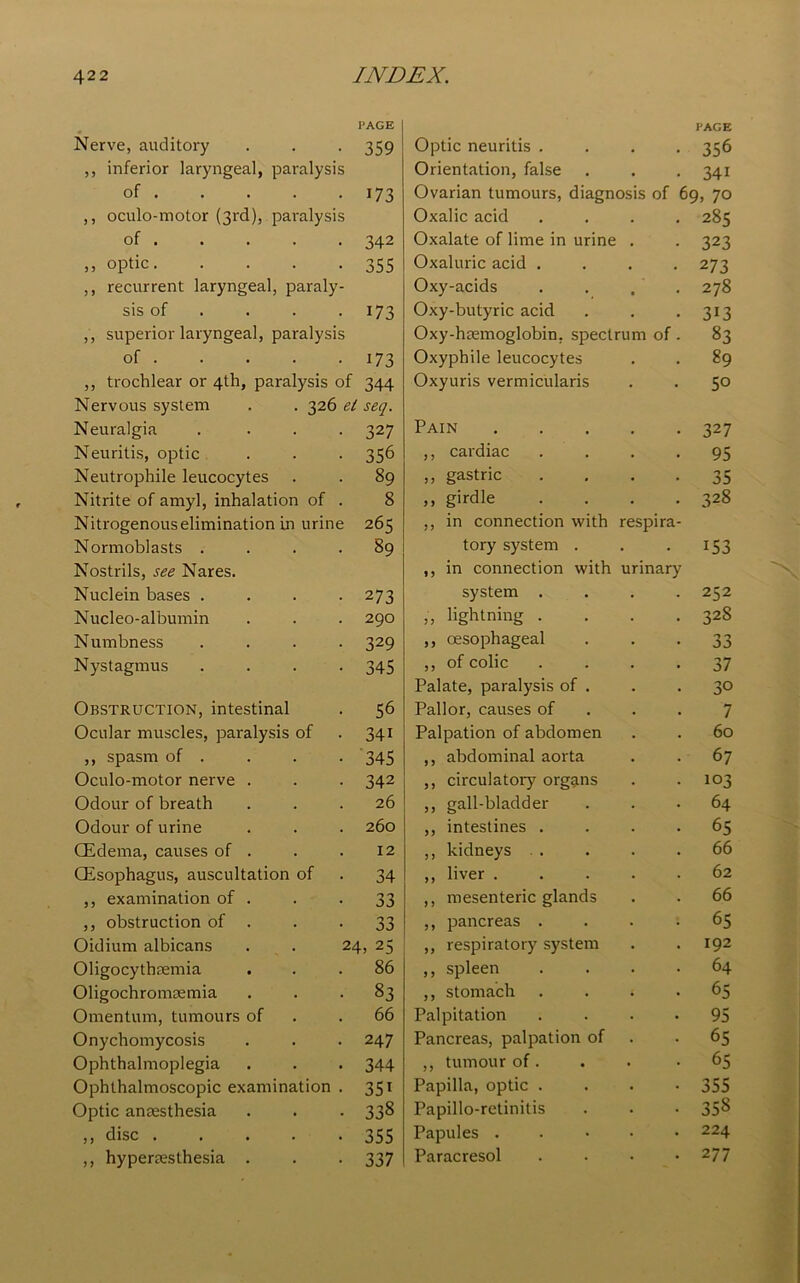 PAGE PAGE Nerve, auditory 359 Optic neuritis . • 356 ,, inferior laryngeal, paralysis Orientation, false • . 341 of . 173 Ovarian tumours, diagnosis of 69, 70 ,, oculo-motor (3rd), paralysis Oxalic acid . . 285 of . 342 Oxalate of lime in urine , 323 ,, optic. .... 355 Oxaluric acid . . . 2 73 ,, recurrent laryngeal, paraly- Oxy-acids • • 278 sis of 173 Oxy-butyric acid • . 3i3 ,, superior laryngeal, paralysis Oxy-haemoglobin. spectrum of. 83 of . 173 Oxyphile leucocytes . 89 ,, trochlear or 4th, paralysis of 344 Oxyuris vermicularis . 50 Nervous system . . 326 et seq. Neuralgia .... 327 Pain . 327 Neuritis, optic 356 ,, cardiac • 95 Neutrophile leucocytes 89 ,, gastric • 35 Nitrite of amyl, inhalation of . 8 ,, girdle • 328 Nitrogenouselimination in urine 265 ,, in connection with respira- Normoblasts .... 89 tory system . • 153 Nostrils, see Nares. ,, in connection with urinary Nuclein bases .... 273 system . 252 Nucleo-albumin 290 „ lightning . 328 Numbness .... 329 ,, oesophageal 33 Nystagmus .... 345 ,, of colic 37 Palate, paralysis of . 30 Obstruction, intestinal 56 Pallor, causes of 7 Ocular muscles, paralysis of 34i Palpation of abdomen 60 ,, spasm of . 345 ,, abdominal aorta 67 Oculo-motor nerve . 342 ,, circulatory organs 103 Odour of breath 26 ,, gall-bladder 64 Odour of urine 260 ,, intestines . 65 CEdema, causes of . 12 ,, kidneys . . 66 CEsophagus, auscultation of 34 ,, liver . 62 ,, examination of . 33 ,, mesenteric glands 66 ,, obstruction of . 33 ,, pancreas . 65 Oidium albicans . . 24, 25 ,, respiratory system 192 Oligocythsemia 86 ,, spleen 64 Oligochromsemia 83 ,, stomach 65 Omentum, tumours of 66 Palpitation 95 Onychomycosis 247 Pancreas, palpation of 65 Ophthalmoplegia 344 ,, tumour of. 65 Ophthalmoscopic examination . 35i Papilla, optic . 355 Optic anaesthesia 338 Papillo-retinitis 358 ,, disc 355 Papules . 224 ,, hypersesthesia . 337 Paracresol 277