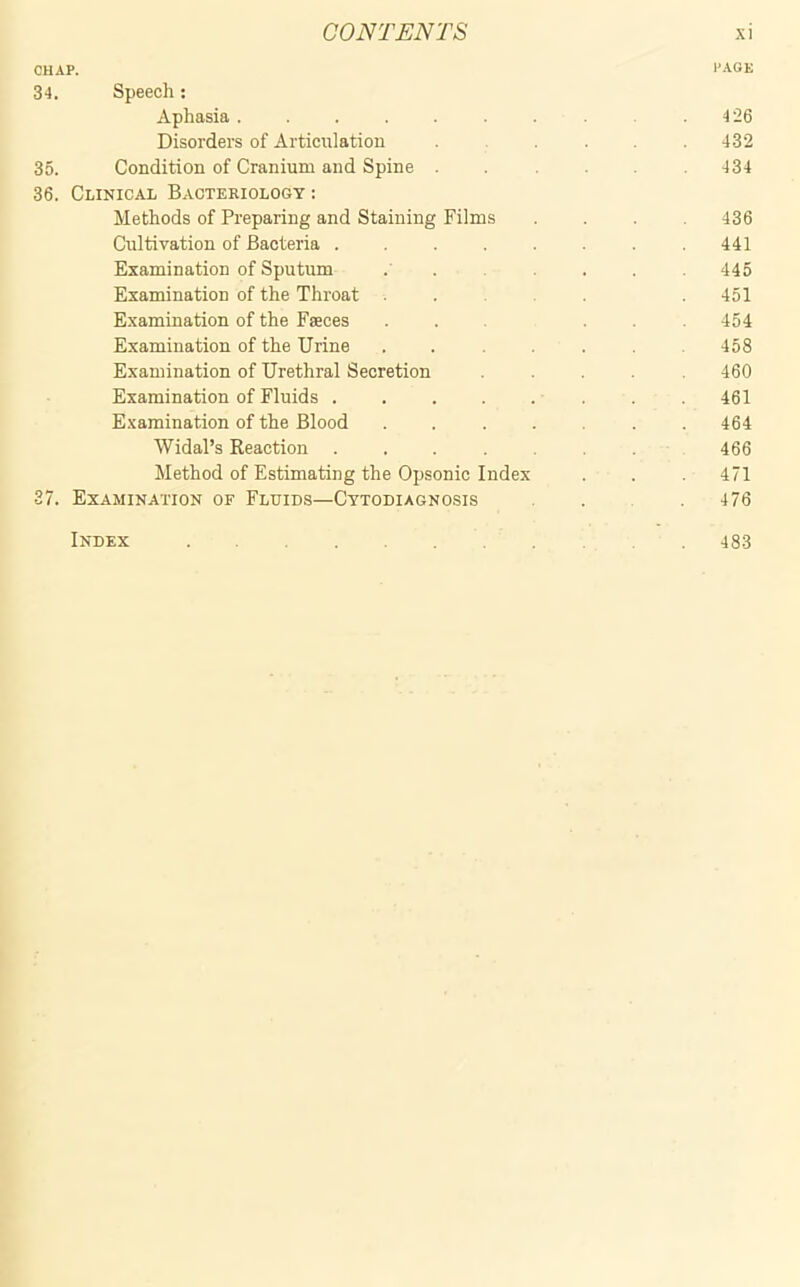 CHAP. PAGE 34. Speech: Aphasia ....... .426 Disorders of Articulation ...... 432 35. Condition of Cranium and Spine ...... 434 36. Clinical Bacteriology : Methods of Preparing and Staining Films ... 436 Cultivation of Bacteria ........ 441 Examination of Sputum ...... 445 Examination of the Throat . . .451 Examination of the Faeces ... ... 454 Examination of the Urine . . . . 458 Examination of Urethral Secretion ..... 460 Examination of Fluids ........ 461 Examination of the Blood ....... 464 Widal’s Reaction . . . . . 466 Method of Estimating the Opsonic Index . . . 471 27. Examination of Fluids—Cytodiagnosis ... 476 Index 483
