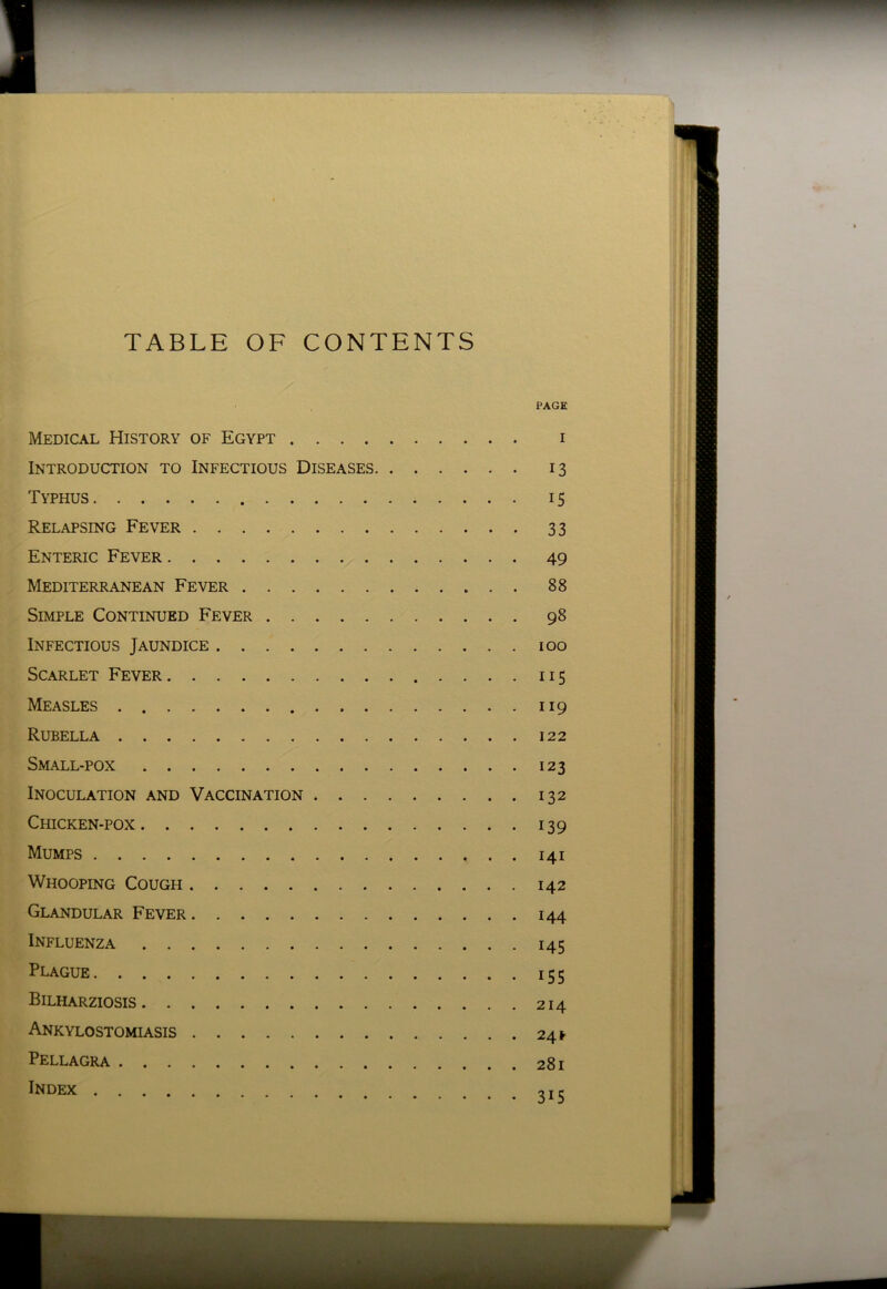 TABLE OF CONTENTS PAGE Medical History of Egypt i Introduction to Infectious Diseases 13 Typhus 15 Relapsing Fever 33 Enteric Fever 49 Mediterranean Fever 88 Simple Continued Fever 98 Infectious Jaundice 100 Scarlet Fever 115 Measles 119 Rubella 122 Small-pox 123 Inoculation and Vaccination 132 Chicken-pox 139 Mumps 141 Whooping Cough 142 Glandular Fever 144 Influenza 145 Plague 155 Bilharziosis 214 Ankylostomiasis 24 ^ Pellagra 281 Index 215