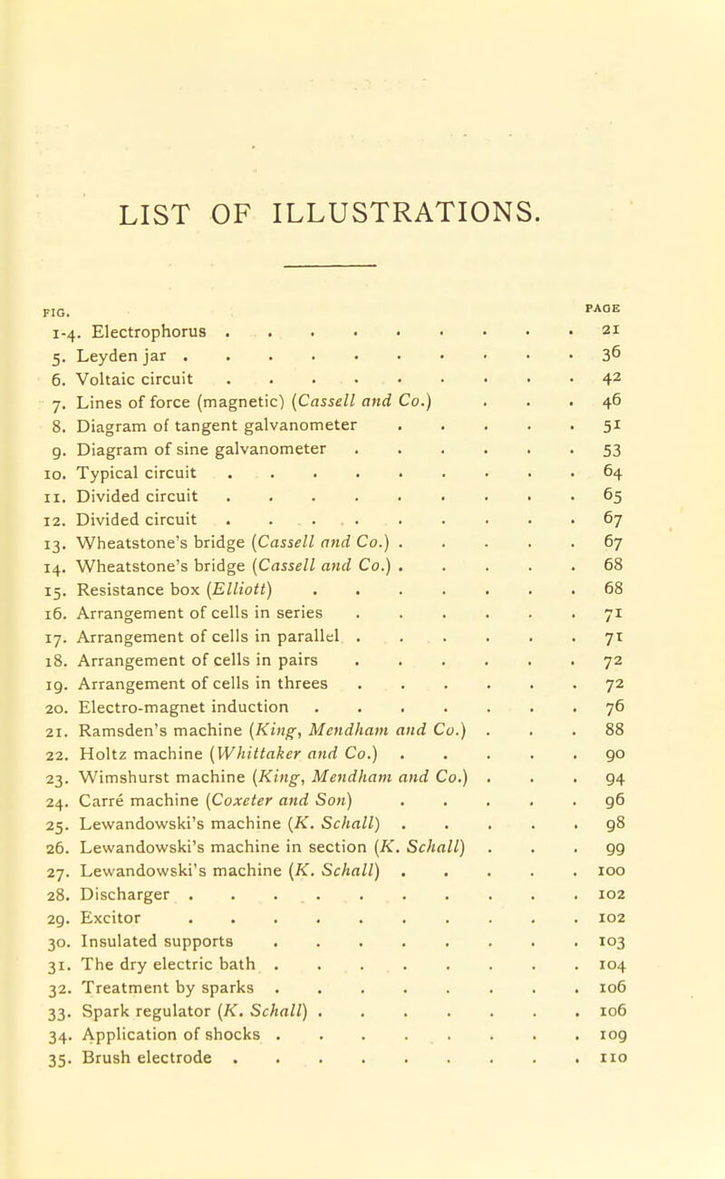 LIST OF ILLUSTRATIONS. FIG. P-^OE 1-4. Electrophorus 21 5. Leyden jar 36 6. Voltaic circuit 42 7. Lines of force (magnetic) (Cassell and Co.) ... 46 8. Diagram of tangent galvanometer 51 9. Diagram of sine galvanometer 53 10. Typical circuit 64 11. Divided circuit 65 12. Divided circuit . .... . . . . - ^7 13. Wheatstone's bridge {Cassell and Co.) ..... 67 14. Wheatstone's bridge (Cassell and Co.) ..... 68 15. Resistance box {Elliott) ....... 68 16. Arrangement of cells in series ...... 71 17. Arrangement of cells in parallel ...... 71 18. Arrangement of cells in pairs ...... 72 ig. Arrangement of cells in threes 72 20. Electro-magnet induction ....... 76 21. Ramsden's machine {King, Mendham and Co.) ... 88 22. Holtz machine {Whittaker and Co.) ..... go 23. Wimshurst machine {King, Mendham and Co.) . . . g4 24. Carre machine (Coxeter and Son) ..... 96 25. Lewandowski's machine {K. Schall) ..... 98 26. Lewandowski's machine in section {K. Schall) . . . gg 27. Lewandowski's machine (K. Schall) ..... 100 28. Discharger .......... 102 29. Excitor .......... 102 30. Insulated supports 103 31. The dry electric bath . 104 32. Treatment by sparks ........ 106 33. Spark regulator {K, Schall) ....... 106 34. Application of shocks . . . . . . . . 109 35. Brush electrode .110