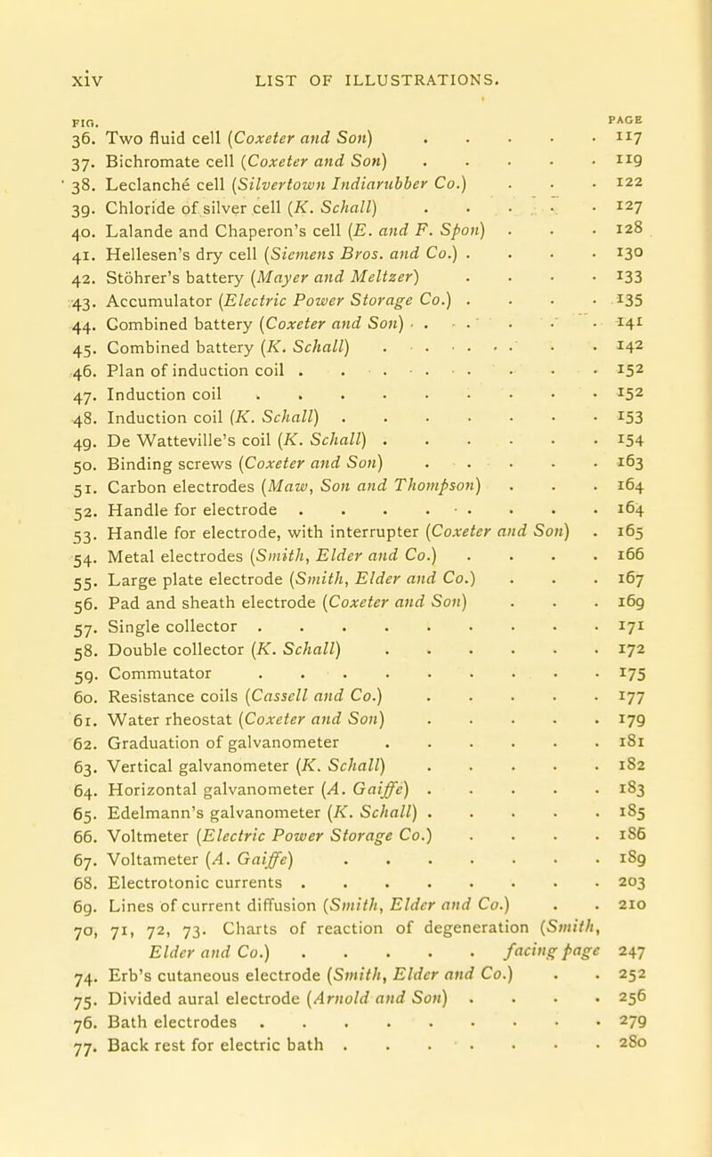 FIO. PACE 36. Two fluid cell (Coxeter and Son) 117 37. Bichromate cell (Coxeter and Son) ..... 119 ' 38. Leclanche cell [Silvertown Indiaruhber Co.) . ■ • 122 39. Chloride of silver cell [K. Schall) . . . .' • • 127 40. Lalande and Chaperon's cell [E. and F. Spon) . . ■ 128 41. Hellesen's dry cell {Siemens Bros, and Co.) .... 130 42. Stohrer's battery {Mayer and Meltzer) .... 133 ■.43. Accnm\Aa.loi: {Electric Power Storage Co.) .... 135 44. Combined battery {Coxeter and Son) ■ . ■ . . • 141 45. Combined battery {K. Schall) • • 142 ■46. Plan of induction coil . . • 152 47. Induction coil 152 48. Induction coil {K. Schall) I53 49. De Watteville's coil {K. Schall) 154 50. Binding screws {Coxeter and Son) . . . . . 163 51. Carbon electrodes {Maw, Son and Thompson) . . . 164 52. Handle for electrode . . . . . • . • 164 53. Handle for electrode, with interrupter {Coxeter and Son) . 165 54. Metal electrodes {Smith, Elder and Co.) .... 166 55. Large plate electrode {Smith, Elder and Co.) . . . 167 56. Pad and sheath electrode {Coxeter and Son) . . . 169 57. Single collector 171 58. Double collector {K. Schall) 172 59. Commutator 175 60. Resistance coils {Casscll and Co.) 177 61. Water rheostat {Coxeter and Son) 179 62. Graduation of galvanometer 181 63. Vertical galvanometer {K. Schall) 182 64. Horizontal galvanometer {A. Gaiffc) 183 65. Edelmann's galvanometer {K. Schall) 185 66. Voltmeter {Electric Power Storage Co.) .... i85 67. Voltameter {A. Gaiffe) 189 68. Electrotonic currents 203 6g. Lines of current diffusion (S)H(7/;, EWtfr <7»rf Co.) . . 210 70, 71, 72, 73. Charts of reaction of degeneration {Smith, Elder and Co.) facing page 247 74. Erb's cutaneous electrode {Smith, Elder and Co.) . . 252 75. Divided aural electrode {Arnold and Son) .... 256 76. Bath electrodes 279 77. Back rest for electric bath . . . . • • • 280