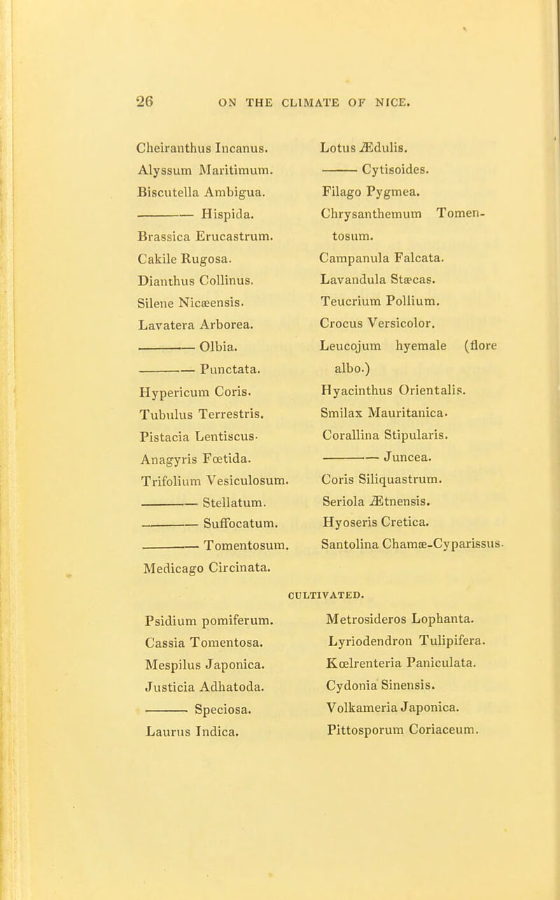 Cheiranthus Incanus. Alyssum Maritimum. Biscutella Ambigua. Hispicla. Brassica Erucastrum. Cakile Rugosa. Dianthus CoUinus, Silene Nicseensis. Lavatera Arborea. Olbia. Punctata. Hypericum Coris. Tubulus Terrestris. Pistacia Lentiscus- Anagyris Fcetida. Trifolium Vesiculosum. Stellatum. — Suffocatum. ~ Tomentosum. Medicago Circinata. Psidium pomiferum. Cassia Tomentosa. Mespilus Japonica. Justicia Adhatoda. Speciosa. Laurus Indica. Lotus .ffidulis, Cytisoides. Filago Pygmea. Chrysanthemum Tomen- tosum. Campanula Falcata. Lavandula Staecas. Teucrium PoUium. Crocus Versicolor. Leucojum hyemale (flore albo.) Hyacinthus Orientalis. Smilax Mauritanica. Corallina Stipularis. • Juncea. Coris Siliquastrum. Seriola ^tnensis. Hyoseris Cretica. Santolina Chamoe-Cyparissus. CULTIVATED. Metrosideros Lophanta. Lyriodendron Tulipifera. Koelrenteria Paniculata. Cydonia Sinensis. Volkameria J aponica. Pittosporum Coriaceum.