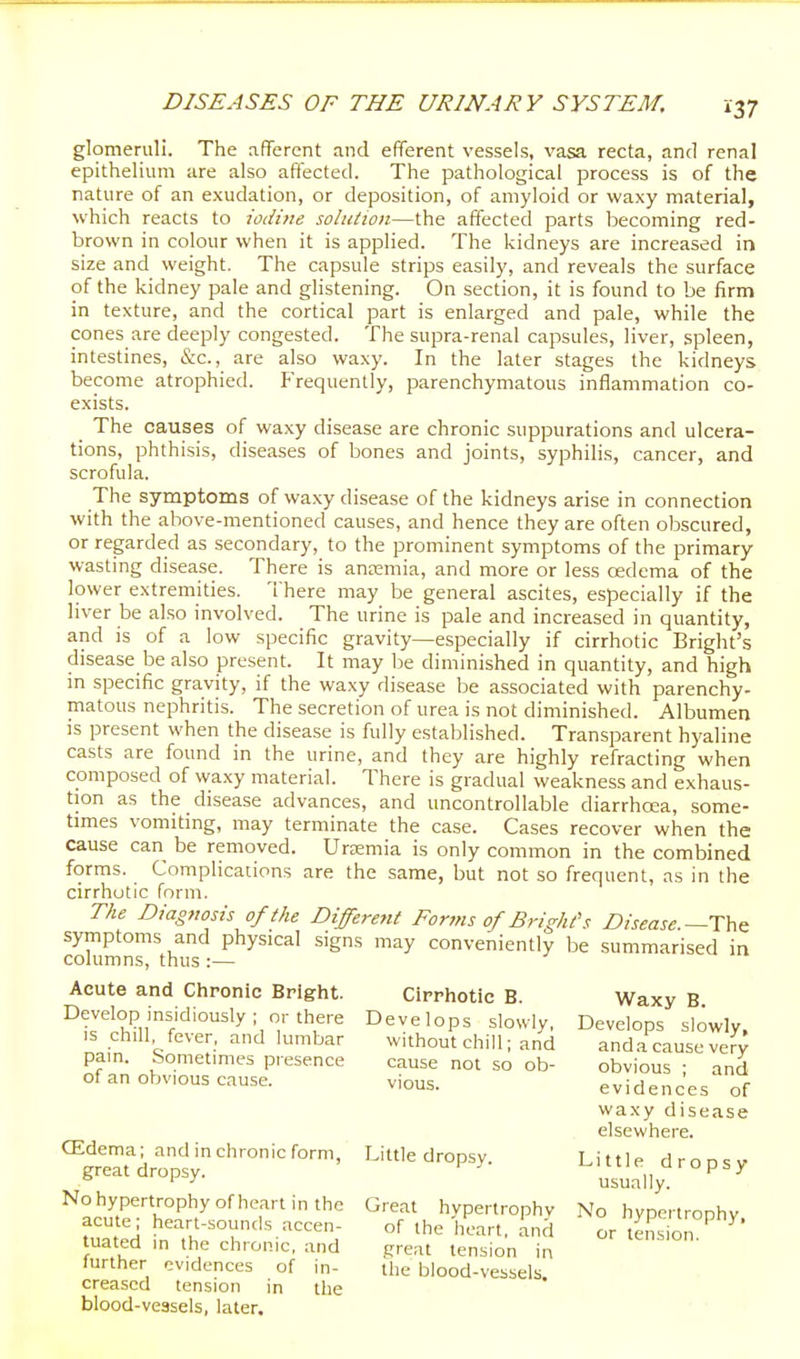 glomeruli. The afTerent and efferent vessels, vasa recta, and renal epithelium are also affected. The pathological process is of the nature of an exudation, or deposition, of amyloid or waxy material, which reacts to iodine solution—the affected parts becoming red- brown in colour when it is applied. The kidneys are increased in size and weight. The capsule strips easily, and reveals the surface of the kidney pale and glistening. On section, it is found to be firm in texture, and the cortical part is enlarged and pale, while the cones are deeply congested. The supra-renal capsules, liver, spleen, intestines, &c., are also waxy. In the later stages the kidneys become atrophied. Frequently, parenchymatous inflammation co- exists. The causes of waxy disease are chronic suppurations and ulcera- tions, phthisis, diseases of bones and joints, syphilis, cancer, and scrofula. The symptoms of waxy disease of the kidneys arise in connection with the above-mentioned causes, and hence they are often obscured, or regarded as secondary, to the prominent symptoms of the primary wasting disease. There is ancemia, and more or less oedema of the lower extremities. There may be general ascites, especially if the liver be also involved. The urine is pale and increased in quantity, and is of a low specific gravity—especially if cirrhotic Bright's disease be also present. It may be diminished in quantity, and high in specific gravity, if the waxy disease be associated with parenchy- matous nephritis. The secretion of urea is not diminished. Albumen IS present when the disease is fully established. Transparent hyaline casts are found in the urine, and they are highly refracting when composed of waxy material. There is gradual weakness and exhaus- tion as the disease advances, and uncontrollable diarrhcea, some- times vomiting, may terminate the case. Cases recover when the cause can be removed. Uraemia is only common in the combined forms. Complications are the same, but not so frequent, as in the cirrhotic form. The Diagnosis of the Different Forms of Bright's Disease.—Th^ symptoms and physical signs may conveniently be summarised in columns, thus :— Cirrhotic B. Develops slowly, without chill; and cause not so ob- vious. Acute and Chronic Bright. Develop insidiously ; or there is chill, fever, and lumbar pain. Sometimes presence of an obvious cause. CEdema; and in chronic form, great dropsy. No hypertrophy of heart in the acute; heart-sounds accen- tuated in the chronic, and further evidences of in- creased tension in the blood-vessels, later. Little dropsy. Great hypertrophy of the heart, and great tension in the blood-vessels. Waxy B. Develops slowly, and a cause very obvious ; and evidences of waxy disease elsewhere. Little dropsy usually. No hypertrophy, or tension.