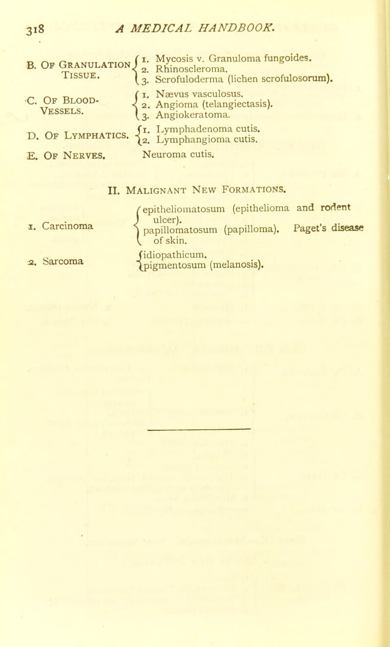 B. Of Granulation J Tissue. 'C. Of Blood- Vessels. D. Of Lymphatics, E. Of Nerves. Mycosis V. Granuloma fungoides. Rhinoscleroma. Scrofuloderma (lichen scrofulosorum). Naevus vasculosus. Angioma (telangiectasis). Angiokeratoma. Lymphadenoma cutis. Lymphangioma cutis. Neuroma cutis. II. Malignant New Formations. /epitheliomatosum (epithelioma and rodent I. Carcinoma < papufomatosum (papilloma). Paget's disease V, of skin. fidiopathicum. a. barcoma ^^pigmentosum (melanosis).