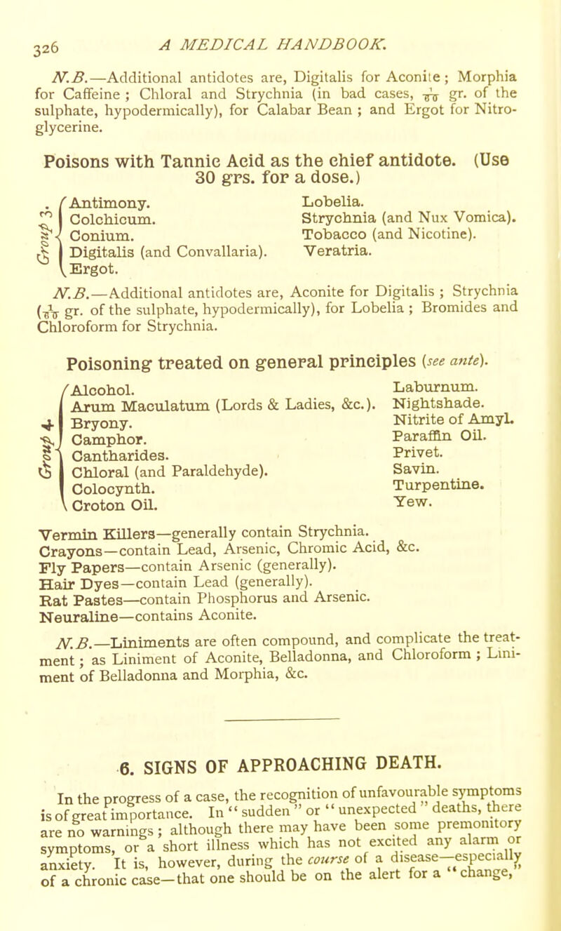 3z6 N.B.—Additional antidotes are, Digitalis for Aconite ; Morphia for Caffeine ; Chloral and Strychnia (in bad cases, gr. of the sulphate, hypodermically), for Calabar Bean ; and Ergot for Nitro- glycerine. Poisons with Tannic Acid as the chief antidote. (Use 30 g-ps. fop a dose.) . (Antimony. Lobelia. ^ I Colchicum. Strychnia (and Nux Vomica). §'< Conium. Tobacco (and Nicotine). ^1 I Digitalis (and Convallaria). Veratria. V Ergot. JV.B.—Additional antidotes are. Aconite for Digitalis ; Strychnia (■sV gr- of the sulphate, hypodermically), for Lobelia ; Bromides and Chloroform for Strychnia. Poisoning treated on general principles {see ante). (Alcohol. Laburnum. Arum Maculatum (Lords & Ladies, &c.). Nightshade. Bryony. Nitrite of AmyL Camphor. Paraffin OU. Cantharides. Privet. Chloral (and Paraldehyde). Savin. Colocynth. Turpentine. Croton Oil. Yew. Vermin Killers—generally contain Strychnia. Crayons—contain Lead, Arsenic, Chromic Acid, &c. Fly Papers—contain Arsenic (generally). Hair Dyes—contain Lead (generally). Rat Pastes—contain Phosphorus and Arsenic. Neuraline—contains Aconite. ^.^.—Linunents are often compound, and complicate the treat- ment ; as Liniment of Aconite, Belladonna, and Chloroform ; Lmi- ment of Belladonna and Moi-phia, &c. 6. SIGNS OF APPROACHING DEATH. In the progress of a case, the recognition of unfavourable symptoms is of great im portance. In  sudden  or  unexpected deaths, there are no warnings ; although there may have been some premonitory symptoms, or a short illness which has not excited any alarm or anxiety. It is, however, during the course oi a d.sease-espec.allj; of a chronic case-that one should be on the alert for a change,
