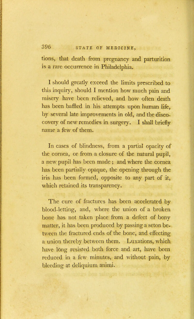 tions, that death from pregnancy and parturition is a rare occurrence in Philadelphia. I should greatly exceed the limits prescribed to this inquiry, should I mention how much pain and misery have been relieved, and how often death has been baffled in his attempts upon human life, by several late improvements in old, and the disco- covery of new remedies in surgery. I shall briefly name a few of them. In cases of blindness, from a partial opacity of the cornea, or from a closure of the natural pupil, a new pupil has been made ; and where the cornea has been partially opaque, the opening through the iris has been formed, opposite to any part of it, which retained its transparency. The cure of fractures has been accelerated by blood-letting, and, where the union of a broken bone has not taken place from a defect of bony matter, it has been produced by passing a seton be- tween the fractured ends of the bone, and effecting a union thereby between them. Luxations, which have long resisted both force and art, have been reduced in a few minutes, and without pain, by bleeding at deliquium animi.