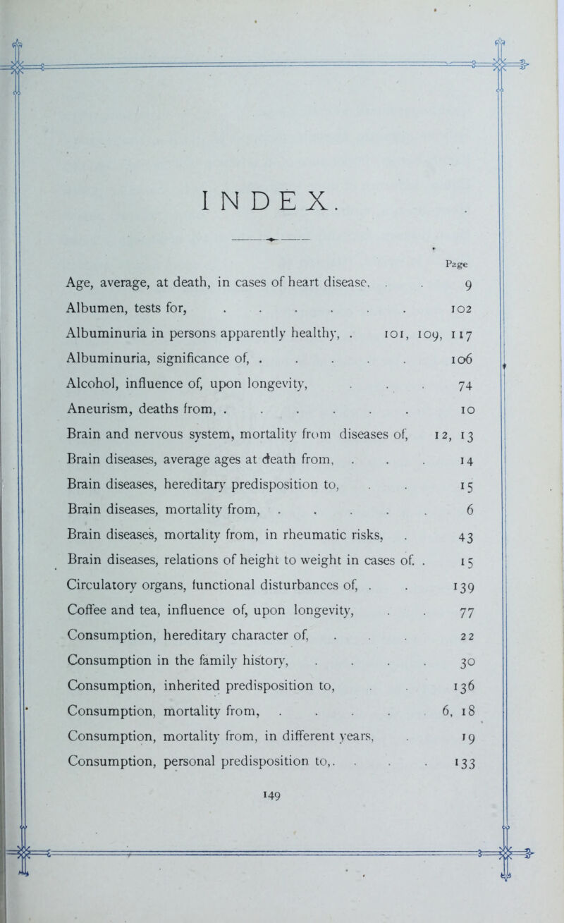 INDEX. Page Age, average, at death, in cases of heart disease, 9 Albumen, tests for, ...... 102 Albuminuria in persons apparently healthy, . 101, 109, 117 Albuminuria, significance of, . . . 106 Alcohol, influence of, upon longevity, ... 74 Aneurism, deaths from, ...... 10 Brain and nervous system, mortality from diseases of, 12, 13 Brain diseases, average ages at death from, . . 14 Brain diseases, hereditary predisposition to, 15 Brain diseases, mortality from, ..... 6 Brain diseases, mortality from, in rheumatic risks, . 43 Brain diseases, relations of height to weight in cases of. . 15 Circulatory organs, functional disturbances of, . . 139 Coffee and tea, influence of, upon longevity, . 77 Consumption, hereditary character of, 22 Consumption in the family history, .... 30 Consumption, inherited predisposition to, 136 Consumption, mortality from, . . 6, 18 Consumption, mortality from, in different years, 19 Consumption, personal predisposition to,. 133 t