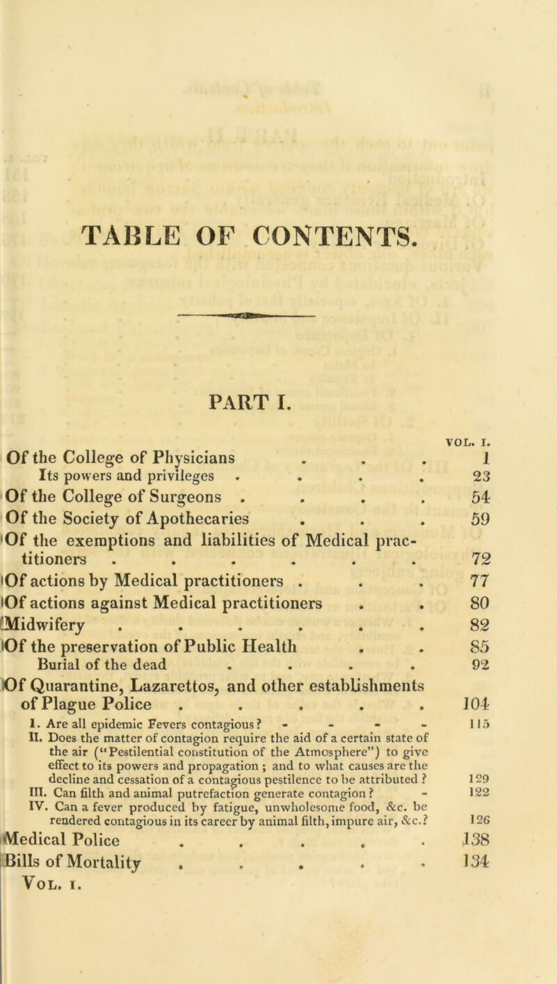 TABLE OF CONTENTS PART I. VOL. I. Of the College of Physicians ... 1 Its powers and privileges .... 23 Of the College of Surgeons .... 54 Of the Society of Apothecaries ... 59 'Of the exemptions and liabilities of Medical prac- titioners ...... 72 <Of actions by Medical practitioners ... 77 •Of actions against Medical practitioners . . 80 'Midwifery ...... 82 lOf the preservation of Public Health . . S5 Burial of the dead .... 92 Of Quarantine, Lazarettos, and other establishments of Plague Police . . . . .104 I. Are all epidemic Fevers contagious? - - - - 115 II. Does the matter of contagion require the aid of a certain state of the air (“Pestilential constitution of the Atmosphere”) to give effect to its powers and propagation ; and to what causes are the decline and cessation of a contagious pestilence to be attributed ? 129 III. Can filth and animal putrefaction generate contagion ? - 122 IV. Can a fever produced by fatigue, unwholesome food, &c. be rendered contagious in its career by animal filth, impure air, &c.? 126 Medical Police . . . . .138 ! Bills of Mortality . . . . .134