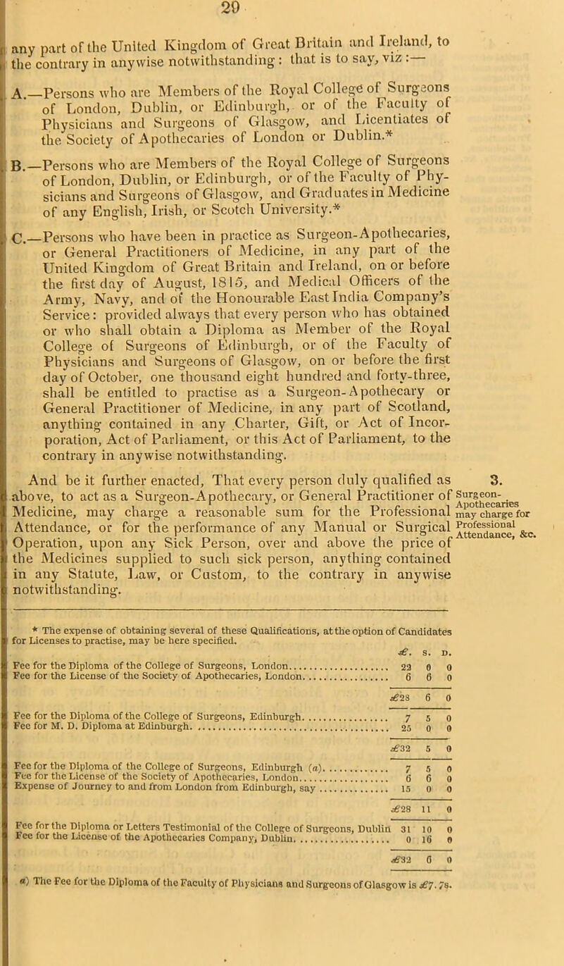 any part of the United Kingdom of Great Britain and Ireland, to the contrary in anywise notwithstanding : that is to say, viz A. —Persons who are Members of the Royal College of Surgeons of London, Dublin, or Edinburgh, or of the Faculty of Physicians and Surgeons of Glasgow, and Licentiates of the Society of Apothecaries of London or Dublin.* B. —Persons who are Members of the Royal College of Surgeons of London, Dublin, or Edinburgh, or of the Faculty of Phy- sicians and Surgeons of Glasgow, and Graduates in Medicine of any English, Irish, or Scotch University.* C. Persons who have been in practice as Surgeon-Apothecaries, or General Practitioners of Medicine, in any part of the United Kingdom of Great Britain and Ireland, on or before the first day of August, 1815, and Medical Officers of the Army, Navy, and of the Honourable East India Company’s Service: provided always that every person who has obtained or who shall obtain a Diploma as Member ot the Royal College of Surgeons of Edinburgh, or of the Faculty of Physicians and Surgeons of Glasgow, on or before the first day of October, one thousand eight hundred and forty-three, shall be entitled to practise as a Surgeon-Apothecary or General Practitioner of Medicine, in any part of Scotland, anything contained in any Charter, Gift, or Act of Incor- poration, Act of Parliament, or this Act of Parliament, to the contrary in anywise notwithstanding. And be it further enacted, That every person duly qualified as 3. above, to act as a Surgeon-Apothecary, or General Practitioner of Apothecaries Medicine, may charge a reasonable sum for the Professional may charge for Attendance, or for the performance of any Manual or Surgical &e Operation, upon any Sick Person, over and above the price of the Medicines supplied to such sick person, anything contained in any Statute, Law, or Custom, to the contrary in anywise notwithstanding. * The expense of obtaining several of these Qualifications, at the option of Candidates for Licenses to practise, may be here specified. ■£. a. d. Fee for the Diploma of the College of Surgeons, London 22 0 0 Fee for the License of the Society of Apothecaries, London 6 6 0 £23 6 0 Fee for the Diploma of the College of Surgeons, Edinburgh 7 5 0 Fee for M. D. Diploma at Edinburgh 25 o o ^■32 5 0 Fee for the Diploma of the College of Surgeons, Edinburgh (a) 7 5 0 Fee for the License of the Society of Apothecaries, London (3 6 0 Expense of Journey to and from London from Edinburgh, say 15 o 0 .£28 11 0 Fee for the Diploma or Letters Testimonial of the College of Surgeons, Dublin 31 10 0 Fee for Uie License of the Apothecaries Company, Dublin 0 16 o <£32 0 0 a) The Fee for the Diploma of the Faculty of Physicians and Surgeons of Glasgow is £7<7s.