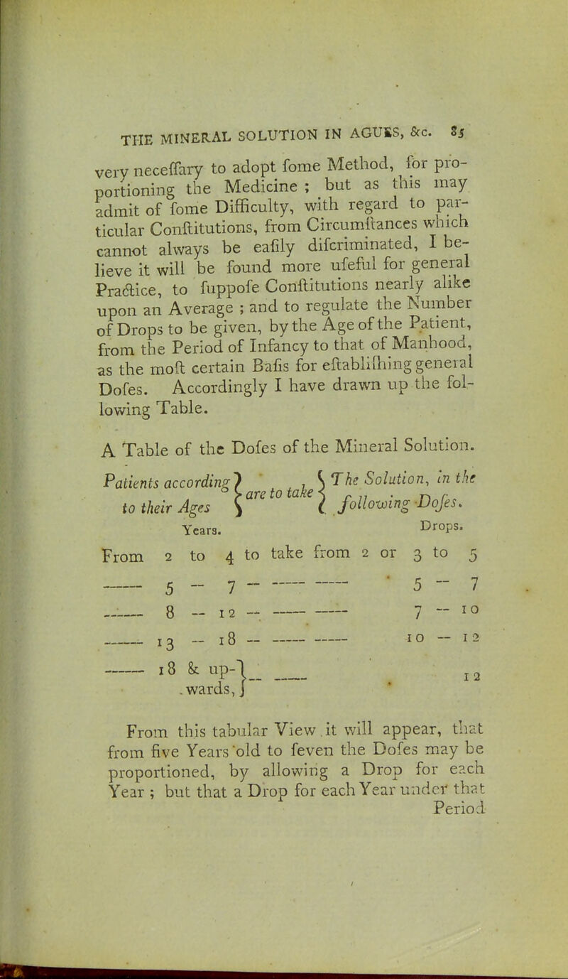 very neceflary to adopt fome Method, for pro- portioning the Medicine ; but as this may admit of fome Difficulty, with regard to par- ticular Conftitutions, from Circumftances which cannot always be eaCly difcriminated, I be- lieve it will be found more ufeful for general Pradice, to fuppofe Conftitutions nearly alike upon an Average ; and to regulate the Number of Drops to be given, by the Age of the Patient, from the Period of Infancy to that of Manhood, as the moft certain Bafis for eftabliHilng general Dofes. Accordingly I have drawn up the fol- lowing Table. A Table of the Dofes of the Mineral Solution. Patients according} ^ , ^ The Solution, In the ^ > are to take < ^ „ . p. to their Ages ^ ( JoHowing Dojes. Years. Drops. From 2 to 4 to take from 2 or 3 to 5 5-7 • 5 -- 7 8-12 7 ~ 10 13 - 18 10 ~ 12 18 k up-\ _ .wards, J I 2 From this tabular View.it will appear, that from five Years old to feven the Dofes may be proportioned, by allowing a Drop for each Year ; but that a Drop for each Year under that Period