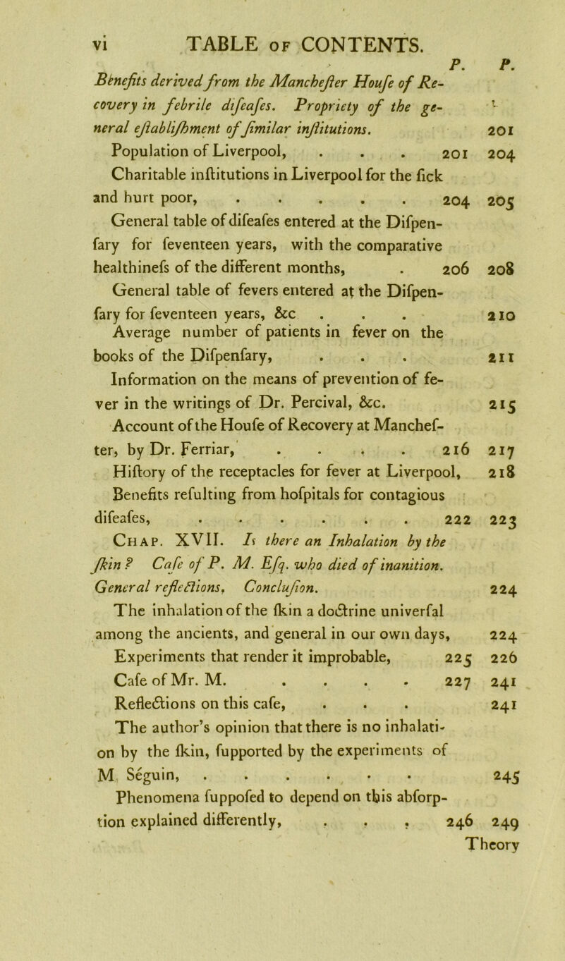 p. Benefits derived from the Manchefer Houfe of Re- covery in febrile difeafes. Propriety of the ge- neral ejlablifhment of fmilar injlitutions. Population of Liverpool, . . . 201 Charitable inftitutions in Liverpool for the lick and hurt poor, ..... 204 General table of difeafes entered at the Difpen- fary for feventeen years, with the comparative healthinefs of the different months, . 206 General table of fevers entered at the Difpen- fary for feventeen years, &c Average number of patients in fever on the books of the Difpenfary, Information on the means of prevention of fe- ver in the writings of Dr. Percival, &c. Account of the Houfe of Recovery at Manchef- ter, by Dr. Ferriar, . . . . 216 Hiftory of the receptacles for fever at Liverpool, Benefits refulting from hofpitals for contagious difeafes, ...... 222 Chap. XVII. Is there an Inhalation by the [kin? Cafe of P. M. Efq. who died of inanition. General reflections. Conclufion. The inhalation of the fkin a doctrine univerfai among the ancients, and general in our own days. Experiments that render it improbable, 225 Cafe of Mr. M. .... 227 Reflections on this cafe, The author’s opinion that there is no inhalati- on by the fkin, fupported by the experiments of M Seguin, ...... Phenomena fuppofed to depend on this abforp- tion explained differently, . . . 246 P. 201 204 205 208 210 211 2I5 217 218 223 224 224 226 241 241 2 45 2 49 Theory