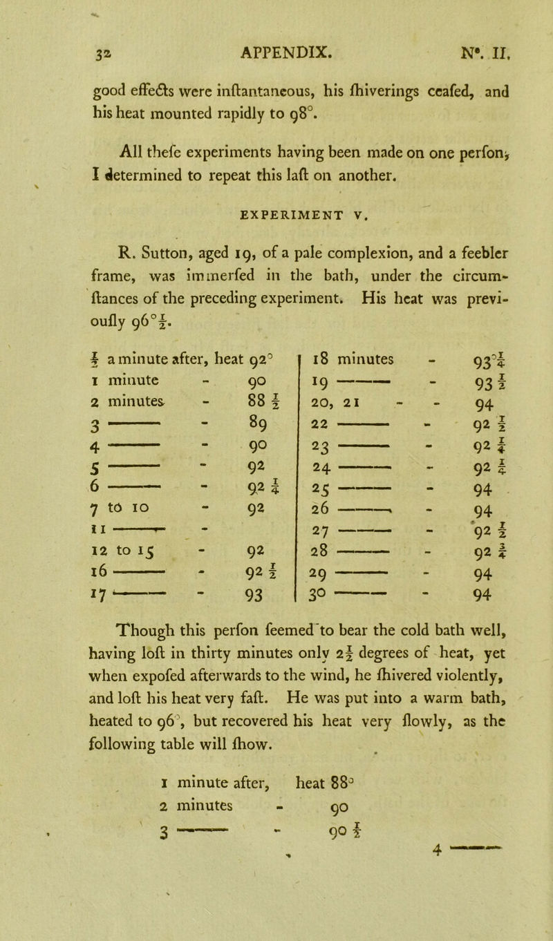 \ good effe&s were inftantaneous, his fhiverings ceafed, and his heat mounted rapidly to 98°. All thefe experiments having been made on one perfon* I determined to repeat this laft on another. EXPERIMENT V. R. Sutton, aged 19, of a pale complexion, and a feebler frame, was immerfed in the bath, under the circum- ftances of the preceding experiment. His heat was previ- oufly 96°^. 1 a minute after, heat 92° 1 minute 90 2 minuter 88 { 3 89 4 90 5 92 6 92 ? 7 to 10 92 i I — 12 to 15 92 l6 92 i 17 93 18 minutes 93°i 19 93 i 20, 21 94 22 92 i 23 92 | 24 92 i 25 94 26 * 94 27 91 2 3 i 28 92 J 29 94 30 94 Though this perfon feemed'to bear the cold bath well, having loft in thirty minutes only 2| degrees of heat, yet when expofed afterwards to the wind, he fhivered violently, and loft his heat very faft. He was put into a warm bath, heated to 96 \ but recovered his heat very ilowly, as the following table will fhow. 1 minute after, heat 88° 2 minutes - 90 3 90 f t 4