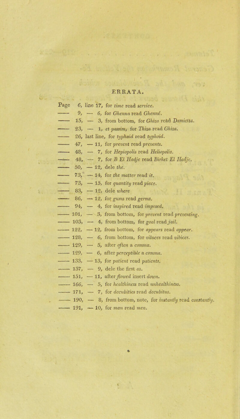 ERRATA Page 6, line 17, for time read service. 9, —• 6, for Ghenna read Ghenn£. 15, — 3, from bottom, for Ghiza read Damietta. 23, — 1, et passim, for Thiza read Ghiza. 26, last line, for typhoid read typhoid. 47, — 11, for prevent read prevents. 48, — 7, for Hepiopolis read Heliopolis. 48, — 7, for B El Hadje read Birhet El Hadjc. 50, — 12, dele the. 73, — 14, for the matter read it. 73, — 15, for quantity read piece. 83, — 12, dele where 86, — 12, for gums read germs. 94, — 4, for inspired read imposed. 101, — 3, from bottom, for prevent read preventing. 103, — 4, from bottom, for goal read jail. 122, — 12, from bottom, for appears read appear. 128, — 6, from bottom, for viluces read vibices. 129, — 5, after often a comma. 129, — 6, after perceptible a comma. 133, — 13, for patient read patients. 137, — 9, dele the first as. 151, — 11, after flowed insert down. 166, — 5, for healthiness read unhealthiness. 171, — 7, for decubities read decubitus. 190, 8, from bottom, note, for instantly read constantly. 191, — 10, for man read men. *