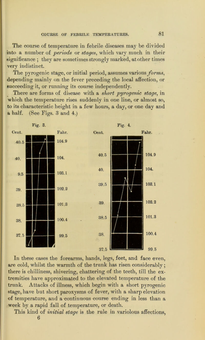 The course of temperature in febrile diseases may be divided into a number of periods or stages, which vary much in their significance ; they are sometimes strongly marked, atother times very indistinct. The pyrogenic stage, or initial period, assumes various forms, depending mainly on the fever preceding the local affection, or succeeding it, or running its course independently. There are forms of disease with a short pyrogenic stage, in which the temperature rises suddenly in one line, or almost so, to its characteristic height in a few hours, a day, or one day and a half. (See Figs. 3 and 4.) Fig. 3. Cent. Fahr. Fig. 4. Cent. Fahr. 40.5 40. 39.5 39. 38.5 38. 37.5 104.9 104. 103.1 102.2 101.3 100.4 no k In these cases the forearms, hands, legs, feet, and face even, are cold, whilst the warmth of the trunk has risen considerably ; there is chilliness, shivering, chattering of the teeth, till the ex- tremities have approximated to the elevated temperature of the trunk. Attacks of illness, which begin with a short pyrogenic stage, have but short paroxysms of fever, with a sharp elevation of temperature, and a continuous course ending in less than a week by a rapid fall of temperature, or death. This kind of initial stage is the rule in variolous affections, 6