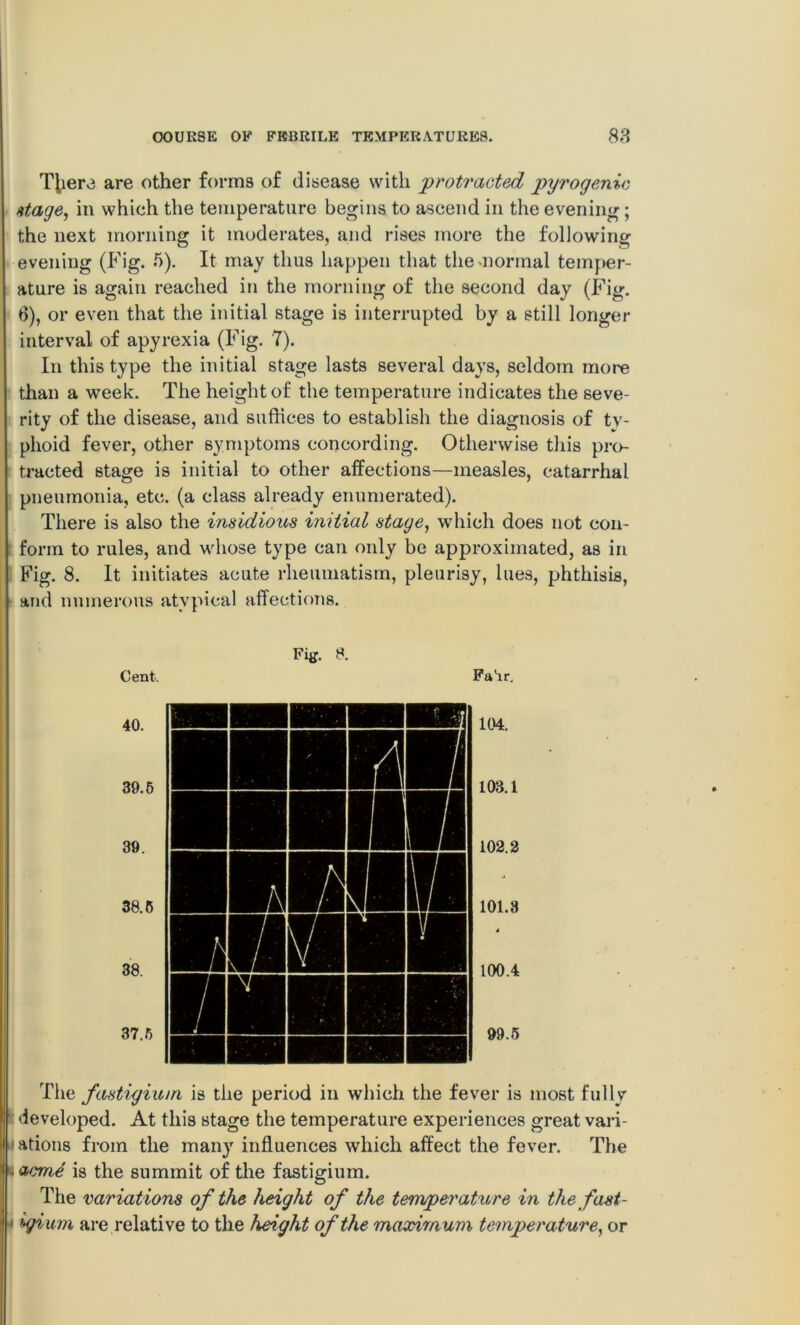 T^iere are other forms of disease with 'protracted pyrogenic stage, in which the temperature begins to ascend in the evening; the next morning it moderates, and rises more the following evening (Fig. 5). It may thus happen that the morinal temper- ature is again reached in the morning of the second day (Fig. 6), or even that the initial stage is interrupted by a still longer interval of apyrexia (Fig. 7). In this type the initial stage lasts several days, seldom more than a week. The height of the temperature indicates the seve- rity of the disease, and suffices to establish the diagnosis of tv- phoid fever, other symptoms concording. Otherwise this pro- tracted stage is initial to other affections—measles, catarrhal pneumonia, etc. (a class already enumerated). There is also the insidious initial stage, which does not con- form to rules, and whose type can only be approximated, as in Fig. 8. It initiates acute rheumatism, pleurisy, lues, phthisis, and numerous atypical affections. Fiff. 8. Cent. Fa'ir. 40. 39.5 39. 38.5 38. 37.5 The fastigium is the period in which the fever is most fully developed. At this stage the temperature experiences great vari- ations from the many influences which affect the fever. The acme is the summit of the fastigium. The variations of the height of the temperature in the fast- igium are relative to the height of the maximum temperature, or