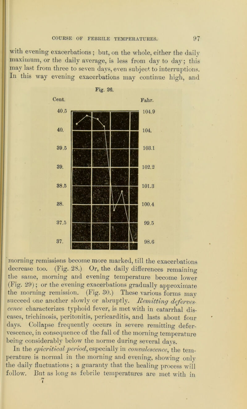 with evening exacerbations ; but, on the whole, either the daily maxmium, or the daily average, is less from day to day; this may last from three to seven days, even subject to interruptions. In this way evening exacerbations may continue high, and Fig. 26. Cent. Fahr. morning remissions become more marked, till the exacerbations decrease too. (Fig. 28.) Or, the daily differences remaining the same, morning and evening temperature become lower (Fig. 29); or the evening exacerbations gradually approximate the morning remission. (Fig. 30.) These various forms may succeed one another slowly or abruptly. Remitting deferves- cence characterizes typhoid fever, is met with in catarrhal dis- eases, trichinosis, peritonitis, pericarditis, and lasts about four days. Collapse frecpiently occurs in severe remitting defer- vescence, in consequence of the fall of the morning temperature being considerably below the norme during several days. In the epicritical period, especially in convalescence, the tem- perature is normal in the morning and evening, showing only the daily fluctuations ; a guaranty that the healing process will follow. But as long as febrile temperatures are met with in