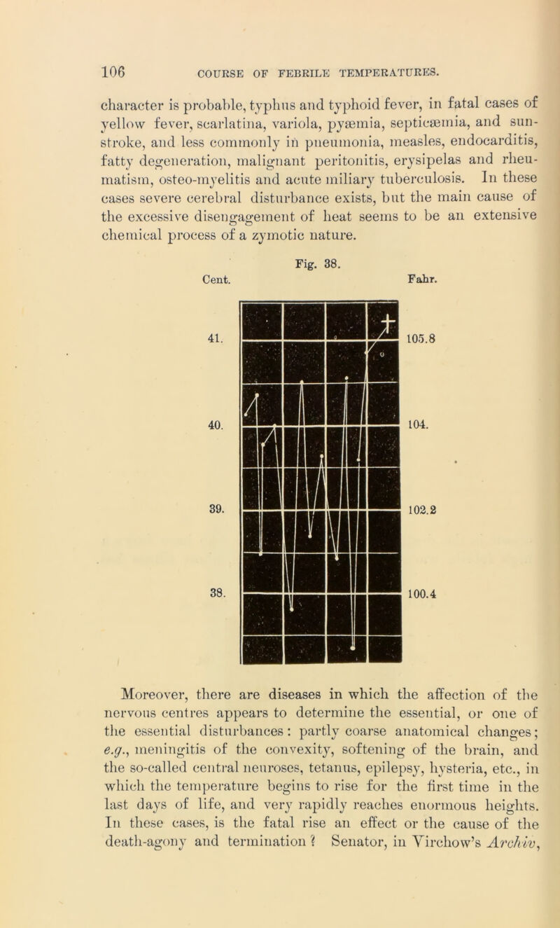 character is probable, typhus and typhoid fever, in fatal cases of yellow fever, scarlatina, variola, pygemia, septicaemia, and sun- stroke, and less commonly in pneumonia, measles, endocarditis, fatty degeneration, malignant peritonitis, erysipelas and rheu- matism, osteo-myelitis and acute miliary tuberculosis. In these cases severe cerebral disturbance exists, but the main cause of the excessive disengagement of heat seems to be an extensive chemical process of a zymotic nature. Fig. 38. Cent. Fahr. Moreover, there are diseases in which the affection of the nervous centres appears to determine the essential, or one of the essential disturbances: partly coarse anatomical changes; e.g., meningitis of the convexity, softening of the brain, and the so-called central neuroses, tetanus, epilepsy, hysteria, etc., in which the temperature begins to rise for the first time in the last days of life, and very rapidly reaches enormous heights. In these cases, is the fatal rise an effect or the cause of the death-agony and termination ? Senator, in Virchow’s Archiv,