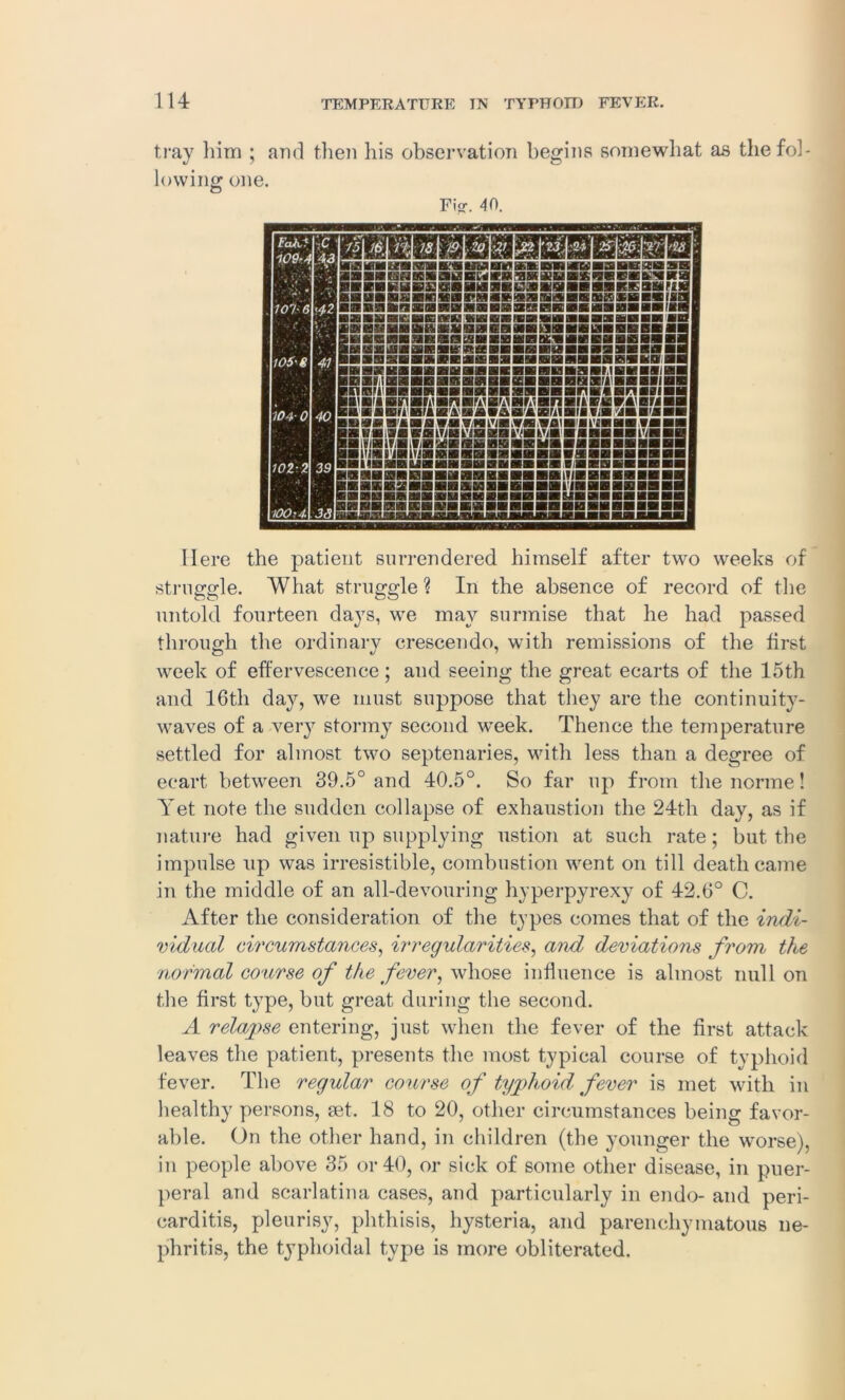 tray him ; and then his observation begins somewhat as the fol- lowing one. Fig1. 40. Here the patient surrendered himself after two weeks of struggle. What struggle ? In the absence of record of the untold fourteen days, we may surmise that he had passed through the ordinary crescendo, with remissions of the first week of effervescence ; and seeing the great ecarts of the 15th and 16th day, we must suppose that they are the continuity- waves of a very stormy second week. Thence the temperature settled for almost two septenaries, with less than a degree of ecart between 39.5° and 40.5°. So far up from the norme! Yet note the sudden collapse of exhaustion the 24th day, as if nature had given up supplying ustion at such rate; but. the impulse up was irresistible, combustion went on till death came in the middle of an all-devouring hyperpyrexy of 42.6° C. After the consideration of the types comes that of the indi- vidual circumstances, irregularities, and deviations from the normal course of the fever, whose influence is almost null on the first type, but great during the second. A relagyse entering, just when the fever of the first attack leaves the patient, presents the most typical course of typhoid fever. The regular course of tyjplioid fever is met with in healthy persons, set. 18 to 20, other circumstances being favor- able. On the other hand, in children (the younger the worse), in people above 35 or 40, or sick of some other disease, in puer- peral and scarlatina cases, and particularly in endo- and peri- carditis, pleurisy, phthisis, hysteria, and parenchymatous ne- phritis, the typhoidal type is more obliterated.