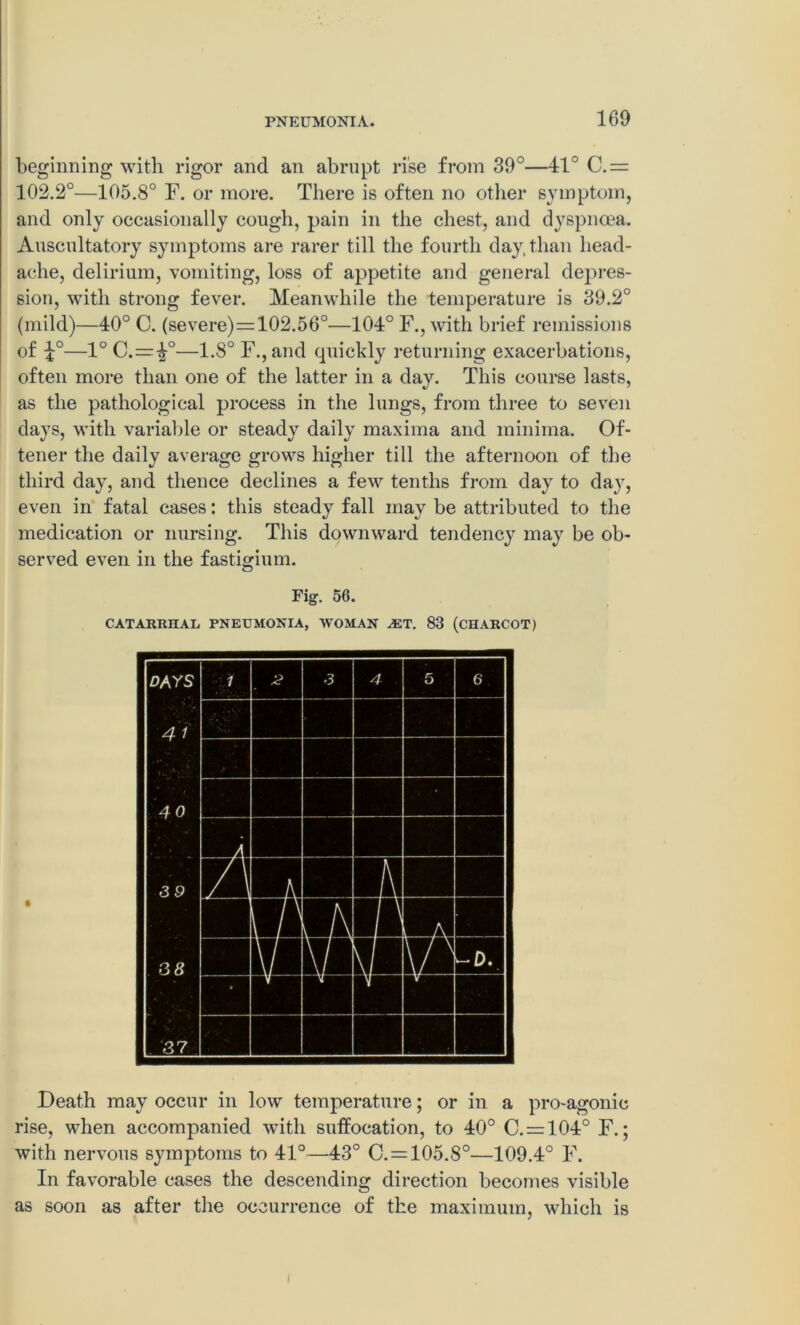 beginning with rigor and an abrupt rise from 39°—41° C.= 102.2°—105.8° F. or more. There is often no other symptom, and only occasionally cough, pain in the chest, and dyspnoea. Auscultatory symptoms are rarer till the fourth day,than head- ache, delirium, vomiting, loss of appetite and general depres- sion, with strong fever. Meanwhile the temperature is 39.2° (mild)—40° C. (severe) = 102.56°—104° F., with brief remissions of —1° C.—^°—1.8° F.,and quickly returning exacerbations, often more than one of the latter in a day. This course lasts, as the pathological process in the lungs, from three to seven days, with variable or steady daily maxima and minima. Of- tener the daily average grows higher till the afternoon of the third day, and thence declines a few tenths from day to day, even in fatal cases: this steady fall may be attributed to the medication or nursing. This downward tendency may be ob- served even in the fastigium. Fig. 56. CATARRHAL PNEUMONIA, WOMAN A2T. 83 (CHARCOT) Death may occur in low temperature; or in a pro-agonic rise, when accompanied with suffocation, to 40° C. = 104° F.; with nervous symptoms to 41°—43° C. = 105.8°—109.4° F. In favorable cases the descending direction becomes visible as soon as after the occurrence of the maximum, which is