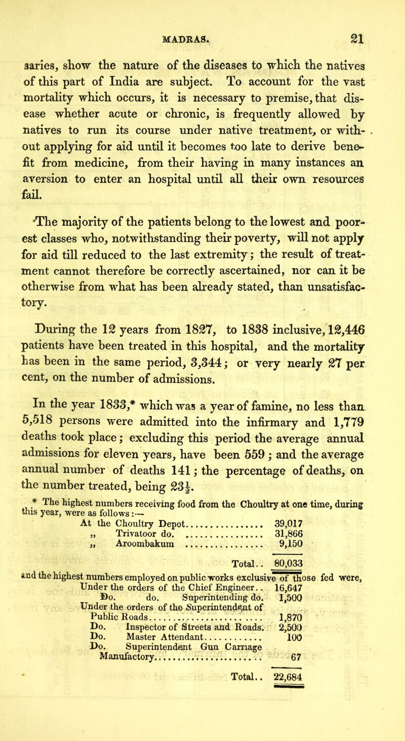 sarles, show the nature of the diseases to which the natives of this part of India are subject. To account for the vast mortality which occurs, it is necessary to premise, that dis- ease whether acute or chronic, is frequently allowed by natives to run its course under native treatment, or with- . out applying for aid until it becomes too late to derive bene- fit from medicine, from their having in many instances an aversion to enter an hospital until all their own resources fail. ‘The majority of the patients belong to the lowest and poor- est classes who, notwithstanding their poverty, will not apply for aid till reduced to the last extremity; the result of treat- ment cannot therefore be correctly ascertained, nor can it be otherwise from what has been already stated, than unsatisfac- tory. During the 12 years from 1827, to 1838 inclusive, 12,446 patients have been treated in this hospital, and the mortality has been in the same period, 3,344; or very nearly 27 per cent, on the number of admissions. In the year 1833,* which was a year of famine, no less than. 5,518 persons were admitted into the infirmary and 1,779 deaths took place; excluding this period the average annual admissions for eleven years, have been 559 ; and the average annual number of deaths 141; the percentage of deaths, on the number treated, being 23 * The highest numbers receiving food from the Choultry at one time, during this year, were as follows:— At the Choultry Depot 39,017 Trivatoor do 31,866 Aroombakum 9,150 3t Total.. 80,033 and the highest numbers employed on public works exclusive of those fed were. Under the orders of the Chief Engineer 16^647 Do. do. Superintending do. 1,500 Under the orders of the Superintendent of Public Roads i .1...... 1,870 Do. Inspector of Streets and Roads; 2,500 Do. Master Attendant 100 Do. Superintendent Gun Carnage > Manufactory. ^ ^ 67 Total.. 22,684