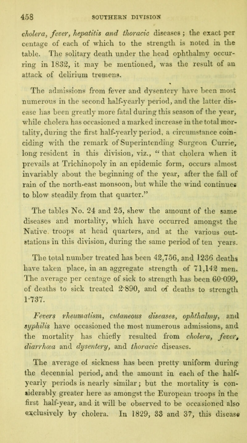 cholera^ fever, hepatitis and thoracic diseases ; the exact per centage of each of which to the strength is noted in the table. The solitary death under the head ophthalmy occui*- ring in 1832, it may be mentioned, was the result of an attack of delirium tremens. % The admissions from fever and dysentery have been most numerous in the second half-yearly period, and the latter dis- ease has been greatly more fatal during this season of the year, while cholera has occasioned a marked increase in the total mor- tality, during the first half-yearly period, a circumstance coin- ciding with the remark of Superintending Surgeon Currie, long resident in this division, viz., that cholera when it prevails at Trichinopoly in an epidemic form, occurs almost invariably about the beginning of the year, after the fall of rain of the north-east monsoon, but while the wind continues to blow steadily from that quarter.” The tables No. 24 and 25, shew the amount of the same diseases and mortality, which have occurred amongst the Native, troops at head quarters, and at the various out- stations in this division, during the same period of ten years. The total number treated has been 42,756, and 1236 deaths have taken place, in an aggregate strength of 71,142 men. The average per centage of sick to strength has been 60-099, of deaths to sick treated 2*890, and of deaths to strength 1*737. Fevers rheumatism, cutaneous diseases, ophthalmy, and syphilis have occasioned the most numerous admissions, and the mortality has chiefly resulted from cholera, fever, diarrhoea and dysentery, and thoracic diseases. The average ol sickness has been pretty uniform during the decennial period, and the amount in each of the half- yearly periods is nearly similar; but the mortality is con- siderably greater here as amongst the European troops in the first half-year, and it will be observed to be occasioned also exclusively by cholera. In 1829, 33 and 37, this disease