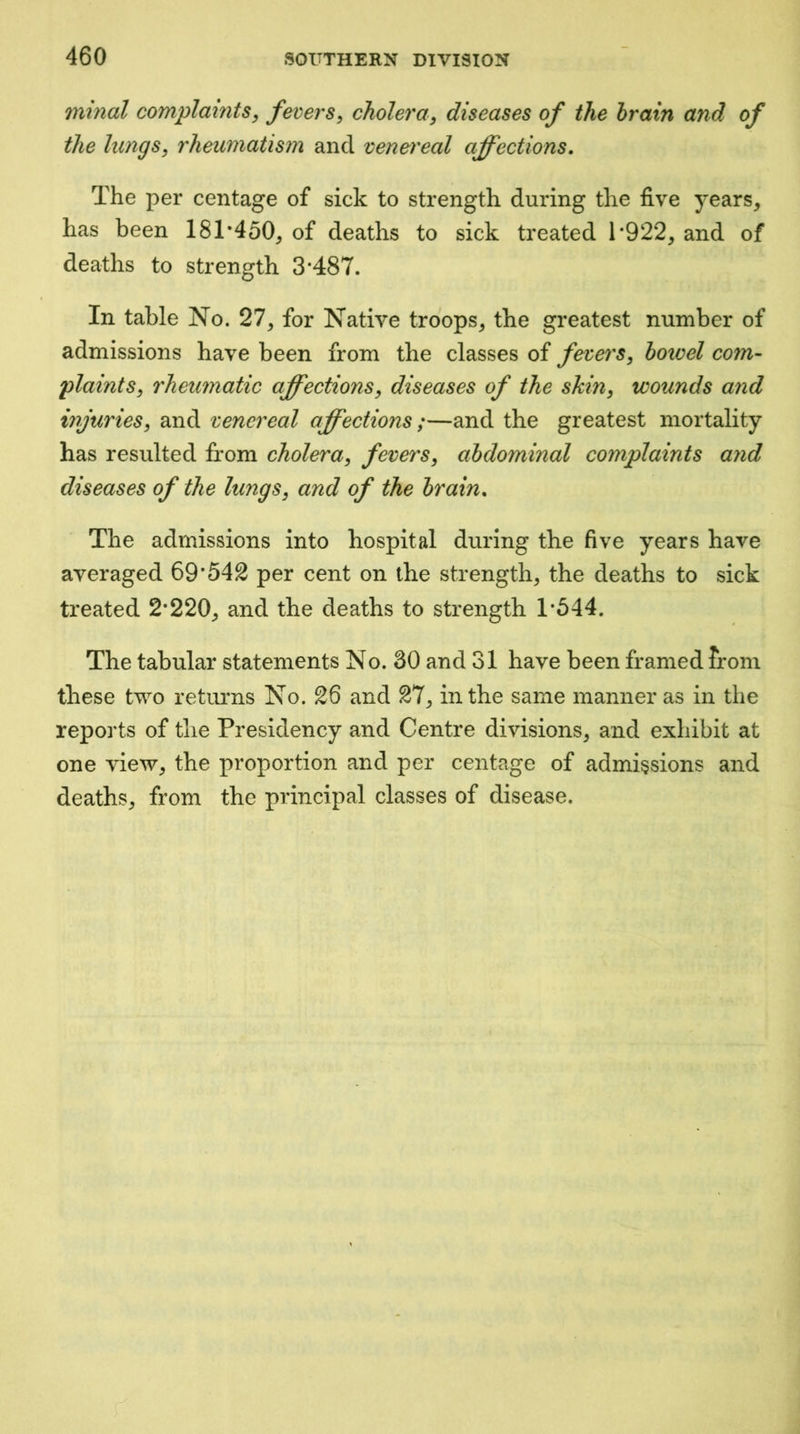 minal complaints, fevers^ cholera, diseases of the brain and of the lungs, rheumatism and venet'eal affections. The per centage of sick to strength during the five years, has been 181’450, of deaths to sick treated 1*922, and of deaths to strength 3*487. In table No. 27, for Native troops, the greatest number of admissions have been from the classes of fevers, bowel com- plaints, rheimatic affections, diseases of the skin, wounds and injuries, and venereal affections ;—and the greatest mortality has resulted from cholera, fevers, abdominal complaints and diseases of the lungs, and of the brain. The admissions into hospital during the five years have averaged 69*542 per cent on the strength, the deaths to sick treated 2*220, and the deaths to strength 1*544. The tabular statements No. 80 and 31 have been framed from these two returns No. 26 and 27, in the same manner as in the reports of the Presidency and Centre divisions, and exhibit at one view, the proportion and per centage of admissions and deaths, from the principal classes of disease.