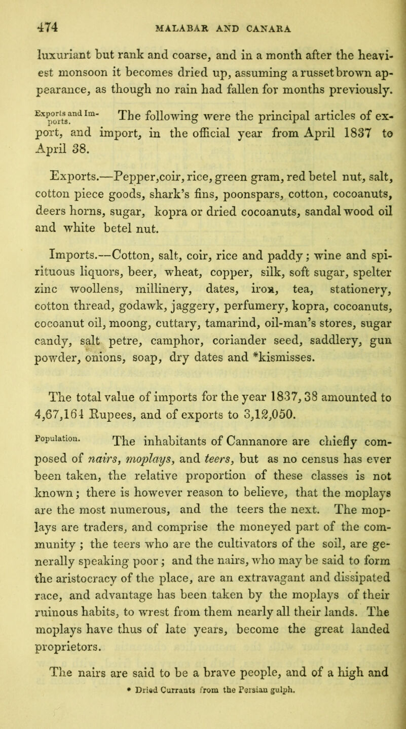 luxuriant but rank and coarse, and in a month after the heavi- est monsoon it becomes dried up, assuming a russet brown ap- pearance, as though no rain had fallen for months previously. following were the principal articles of ex- port, and import, in the official year from April 1837 to April 38. Ex23orts.—Pepper,coir, rice, green gram, red betel nut, salt, cotton piece goods, shark’s fins, poonspars, cotton, cocoanuts, deers horns, sugar, kopra or dried cocoanuts, sandal wood oil and white betel nut. Imports.—Cotton, salt, coir, rice and paddy; wine and spi- rituous liquors, beer, wheat, copper, silk, soft sugar, spelter zinc woollens, millinery, dates, iroR, tea, stationery, cotton thread, godawk, jaggery, perfumery, kopra, cocoanuts, cocoanut oil, moong, cuttary, tamarind, oil-man’s stores, sugar candy, salt petre, camphor, coriander seed, saddlery, gun powder, onions, soap, dry dates and *kismisses. The total value of imports for the year 1837,38 amounted to 4,67,164 Rupees, and of exports to 3,1S!,050. Population. inhabitants of Cannanore are chiefly com- posed of nairs, moplays, and teers, but as no census has ever been taken, the relative proportion of these classes is not known; there is however reason to believe, that the moplays are the most numerous, and the teers the next. The mop- lays are traders, and comprise the moneyed part of the com- munity ; the teers who are the cultivators of the soil, are ge- nerally speaking poor; and the nairs, who may be said to form the aristocracy of the place, are an extravagant and dissipated race, and advantage has been taken by the moplays of their ruinous habits, to wrest from them nearly all their lands. The moplays have thus of late years, become the great landed proprietors. The nairs are said to be a brave people, and of a high and • Dried Currants from the Persian gulph. 3