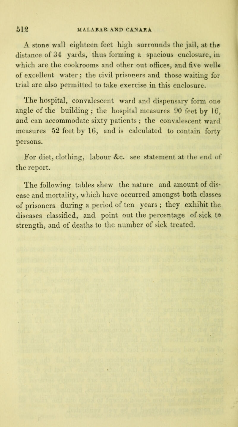 A Stone wall eighteen feet high surrounds the jail, at the distance of 34 yards, thus forming a spacious enclosure, in which are the cookrooms and other out offices, and five well* of excellent water; the civil prisoners and those waiting for trial are also permitted to take exercise in this enclosure. The hospital, convalescent ward and dispensary form one angle of the building ; the hospital measures 90 feet by 16, and can accommodate sixty patients ; the convalescent ward measures 52 feet by 16, and is calculated to contain forty persons. For diet, clothing, labour &c. see statement at the end of the report. The following tables shew the nature and amount of dis- ease and mortality, which have occurred amongst both classes of prisoners, during a period of ten years ; they exhibit the diseases classified, and point out the percentage of sick to strength, and of deaths to the number of sick treated.