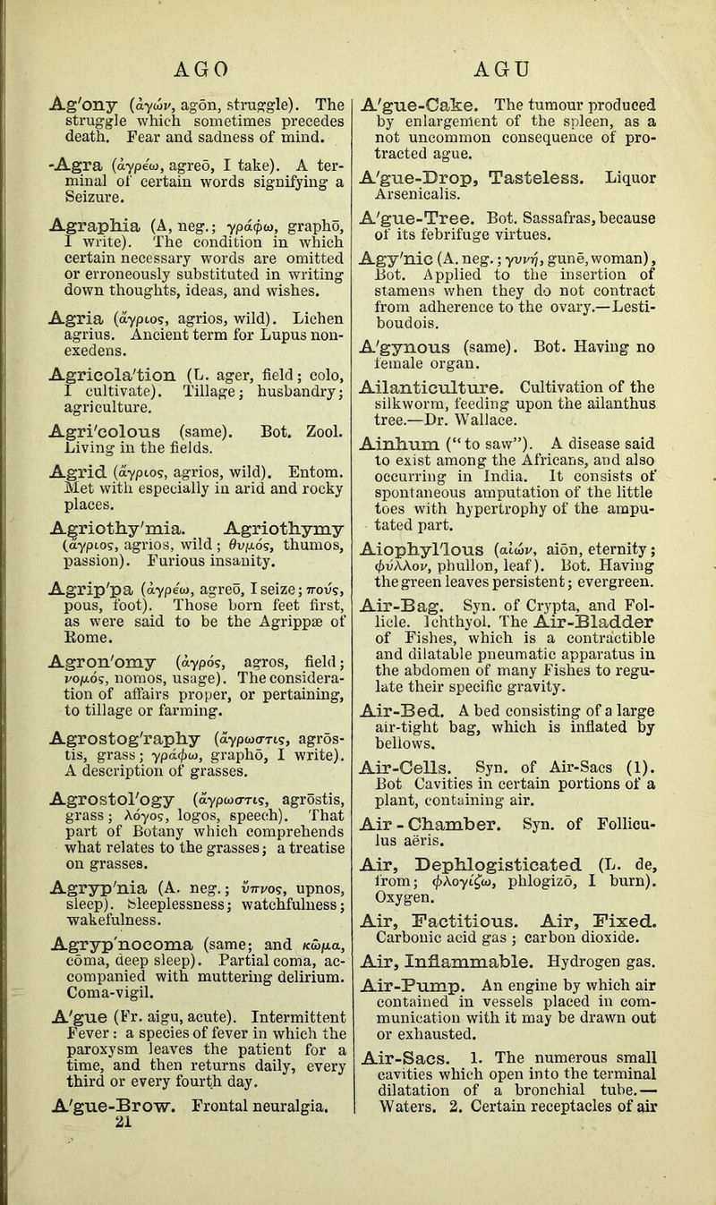 AGO AGD Ag'ony (ayuv, agon, struggle). The struggle which sometimes precedes death. Pear and sadness of mind. -Agra (a-ypeco, agreo, I take). A ter- minal of certain words signifying a Seizure. Agraphia (A, neg.; ypa<j>o>, grapho, I write). The condition in which certain necessary words are omitted or erroneously substituted in writing down thoughts, ideas, and wishes. Agria (aypios, agrios, wild). Lichen agrius. Ancient term for Lupus non- exedens. Agricola'tion (L. ager, field; colo, I cultivate). Tillage; husbandry; agriculture. Agri'eolous (same). Bot. Zool. Living in the fields. Agrid (aypios, agrios, wild). Entom. Met with especially in arid and rocky places. Agriothy'mia. Agriothymy (aypios, agrios, wild ; 0vp.os, thumos, passion). Furious insanity. Agrip'pa (aypea), agreo, I seize; ttov's, pous, foot). Those born feet first, as were said to be the Agrippse of Borne. Agron'omy Gyp®?, agros, field; j/op.os, nomos, usage). The considera- tion of affairs proper, or pertaining, to tillage or farming. Agrostog'raphy (aypcoo-ns, agrds- tis, grass; ypa<j)uo, grapho, I write). A description of grasses. Agrostol'ogy (aypwcms, agrostis, grass; A.oyos, logos, speech). That part of Botany which comprehends what relates to the grasses; a treatise on grasses. Agryp'nia (A. neg.; v-rrvos, upnos, sleep), Sleeplessness; watchfulness; wakefulness. Agryp'nocoma (same; and ko>p.a, coma, deep sleep). Partial coma, ac- companied with muttering delirium. Coma-vigil. A'gue (Fr. aigu, acute). Intermittent Fever: a species of fever in which the paroxysm leaves the patient for a time, and then returns daily, every third or every fourth day. A'gue-Cake. The tumour produced by enlargement of the spleen, as a not uncommon consequence of pro- tracted ague. A'gue-Drop, Tasteless. Liquor Arsenicalis. A'gue-Tree. Bot. Sassafras, because of its febrifuge virtues. Agy'nic (A. neg.; ywi;, gune, woman), Bot. Applied to the insertion of stamens when they do not contract from adherence to the ovary.—Lesti- boudois. A'gynous (same). Bot. Having no female organ. Ailanticulture. Cultivation of the silkworm, feeding upon the ailanthus tree.—Dr. Wallace. Ainhum (“to saw”). A disease said to exist among the Africans, and also occurring in India. It consists of spontaneous amputation of the little toes with hypertrophy of the ampu- tated part. Aiophyl'lous (aIwv, aion, eternity; (f)vAAov, phullon, leaf). Bot. Having the green leaves persistent; evergreen. Air-Bag. Syn. of Crypta, and Fol- licle. Ichthyol. The Air-Bladder of Fishes, which is a contractible and dilatable pneumatic apparatus in the abdomen of many Fishes to regu- late their specific gravity. Air-Bed. A bed consisting of a large air-tight bag, which is inflated by bellows. Air-Cells. Syn. of Air-Sacs (1). Bot Cavities in certain portions of a plant, containing air. Air-Chamber. Syn. of Follicu- lus aeris. Air, Dephlogisticated (L. de, from; <j>\oyi£«, phlogizo, I burn). Oxygen. Air, Factitious. Air, Fixed. Carbonic acid gas ; carbon dioxide. Air, Inflammable. Hydrogen gas. Air-Pump. An engine by which air contained in vessels placed in com- munication with it may be drawn out or exhausted. Air-Sacs. 1. The numerous small cavities which open into the terminal dilatation of a bronchial tube.— Waters. 2. Certain receptacles of air